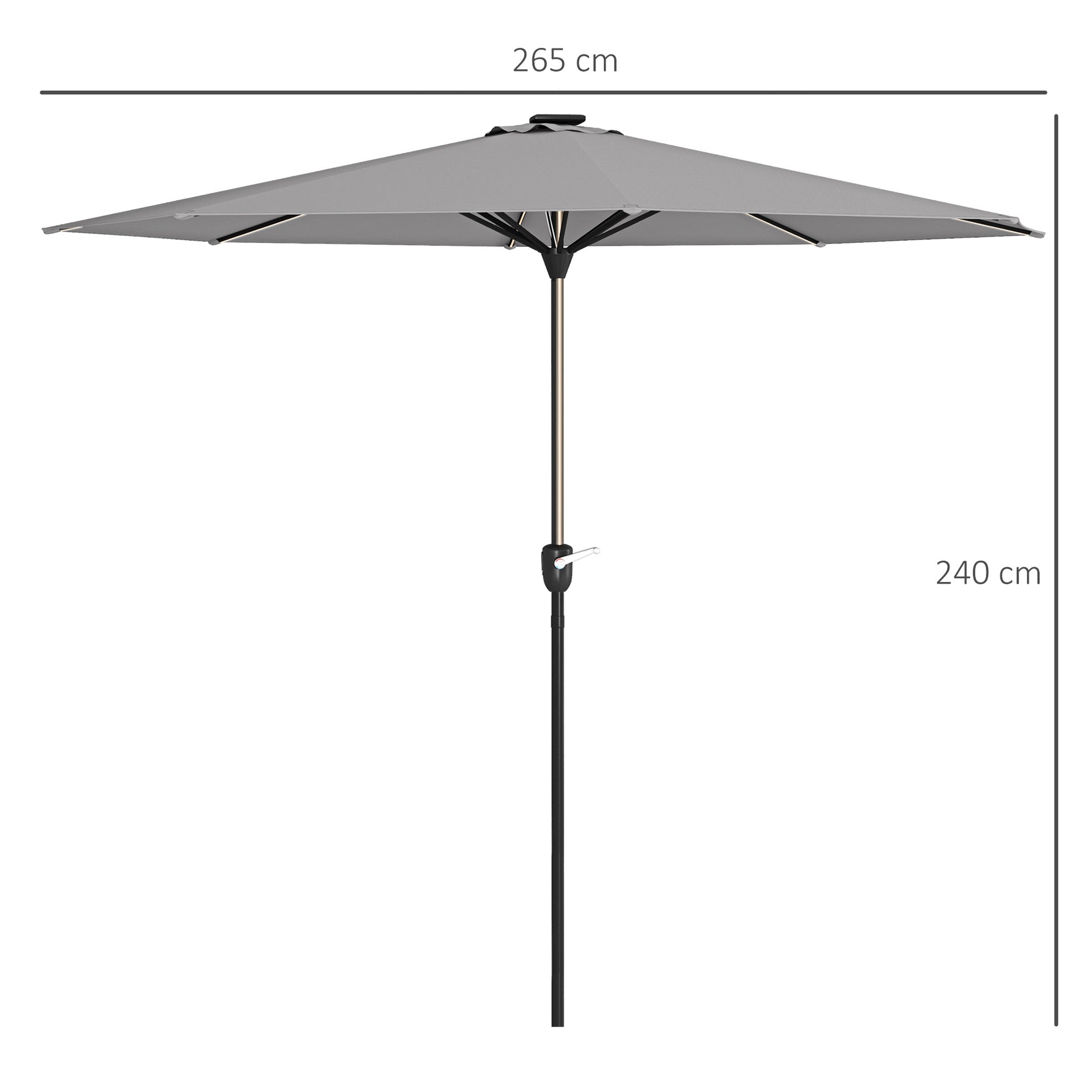 Outsunny Sombrilla de Jardín de Aluminio Ø265x240 cm Parasol de Terraza con Luces LED Solares Manivela e Impermeable para Piscina Patio Gris Claro