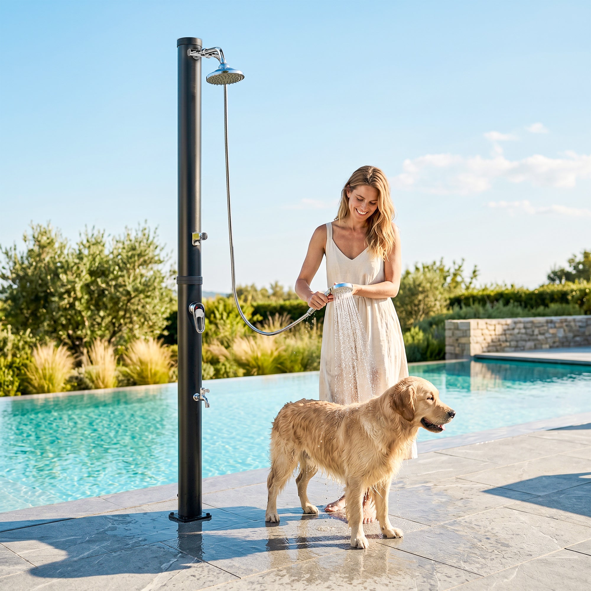 Outsunny Ducha Solar de Jardín 20L Ducha Solar Exterior con Cabezal Rociador de Mano Grifo Pies Agua Fría y Caliente Máx. 60 °C Protección contra Congelamiento para Piscina Camping 42x11x215 cm Negro