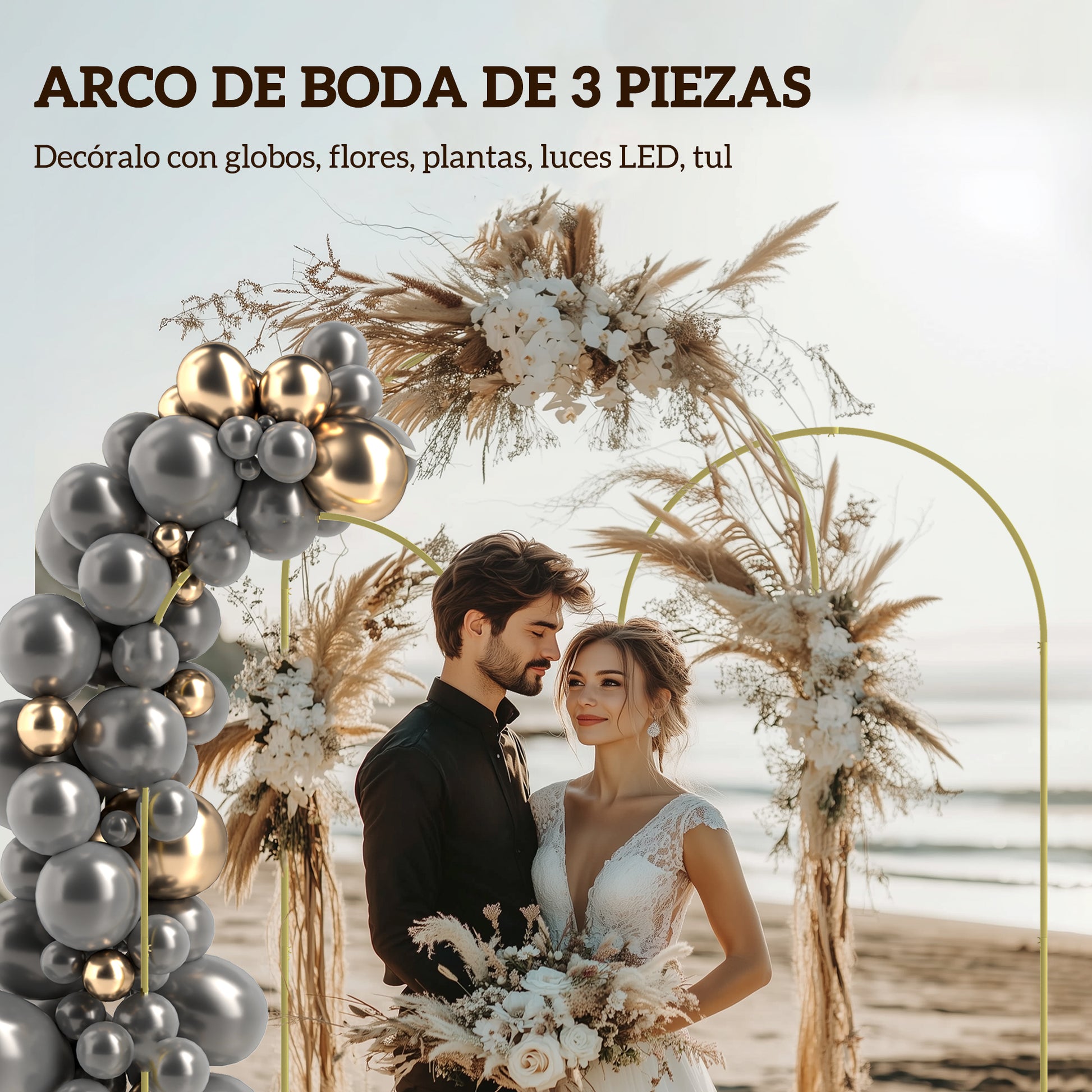 Outsunny Set de 3 Arcos de Jardín para Rosas de Metal, Arcos de Boda de 220/200/180 cm con Recubrimiento en Polvo, Resistente a la Intemperie, para Plantas Trepadoras, Decoración Patio Terraza, Dorado