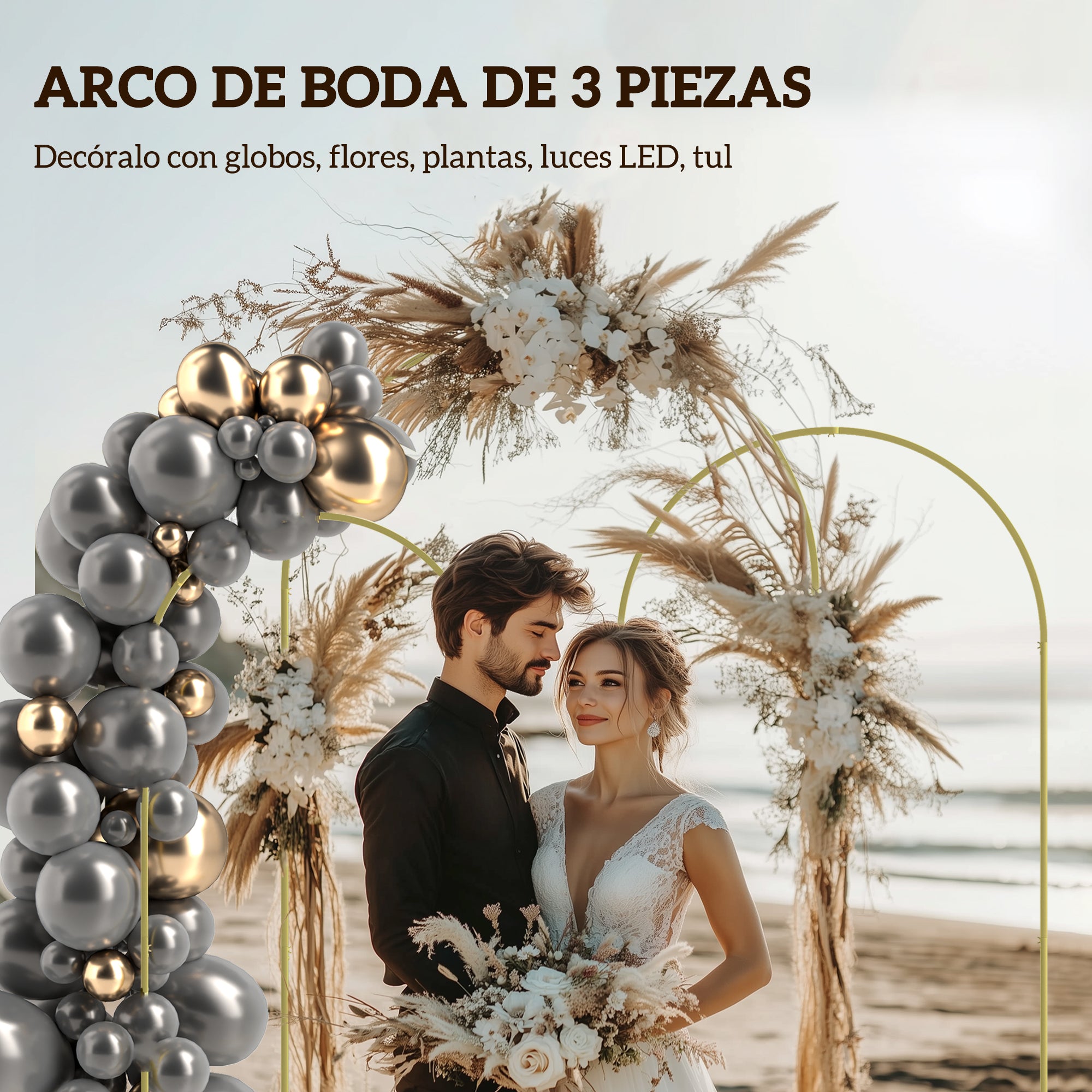 Outsunny Set de 3 Arcos de Jardín para Rosas de Metal, Arcos de Boda de 220/200/180 cm con Recubrimiento en Polvo, Resistente a la Intemperie, para Plantas Trepadoras, Decoración Patio Terraza, Dorado