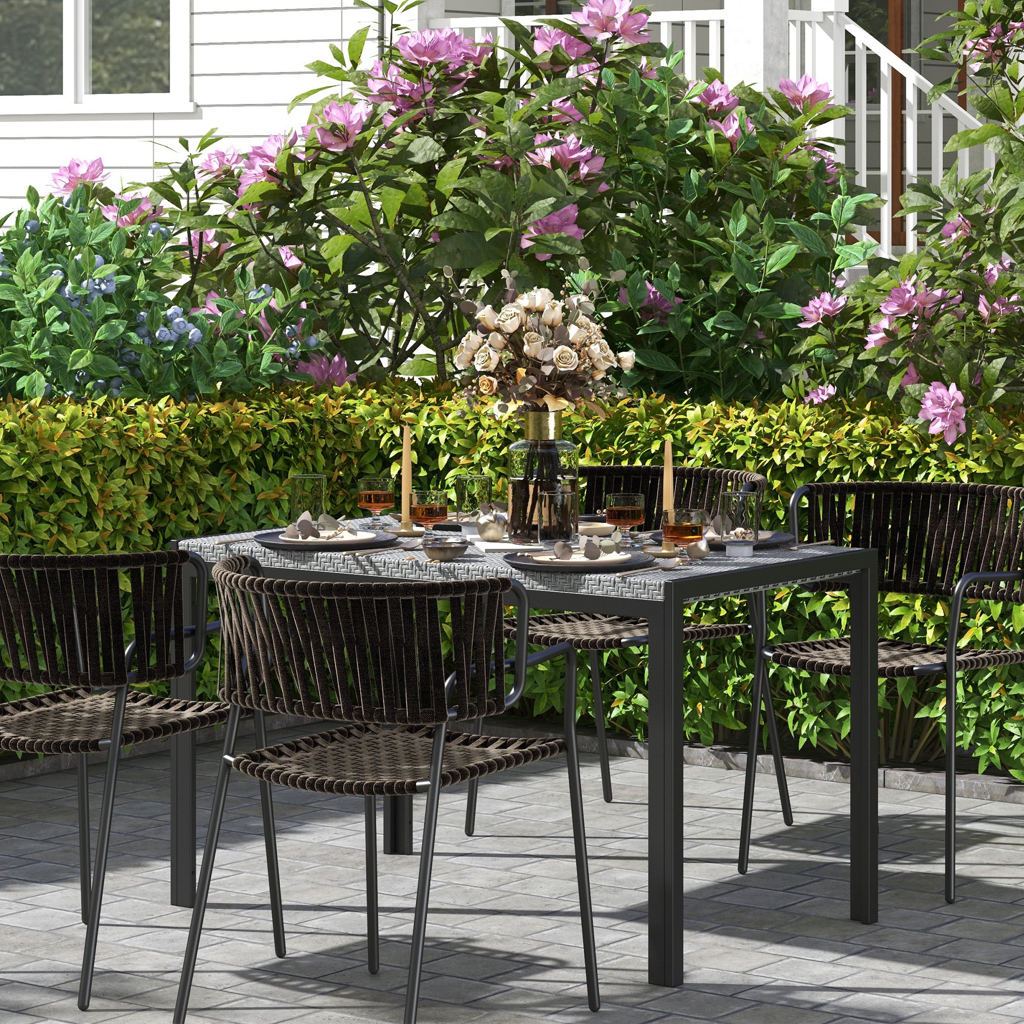 Outsunny Mesa de Comedor de Jardín de Ratán Sintético Mesa de Terraza Exterior con Estructura de Metal Resistente a Intemperie 120x70x72 cm Gris y Negro