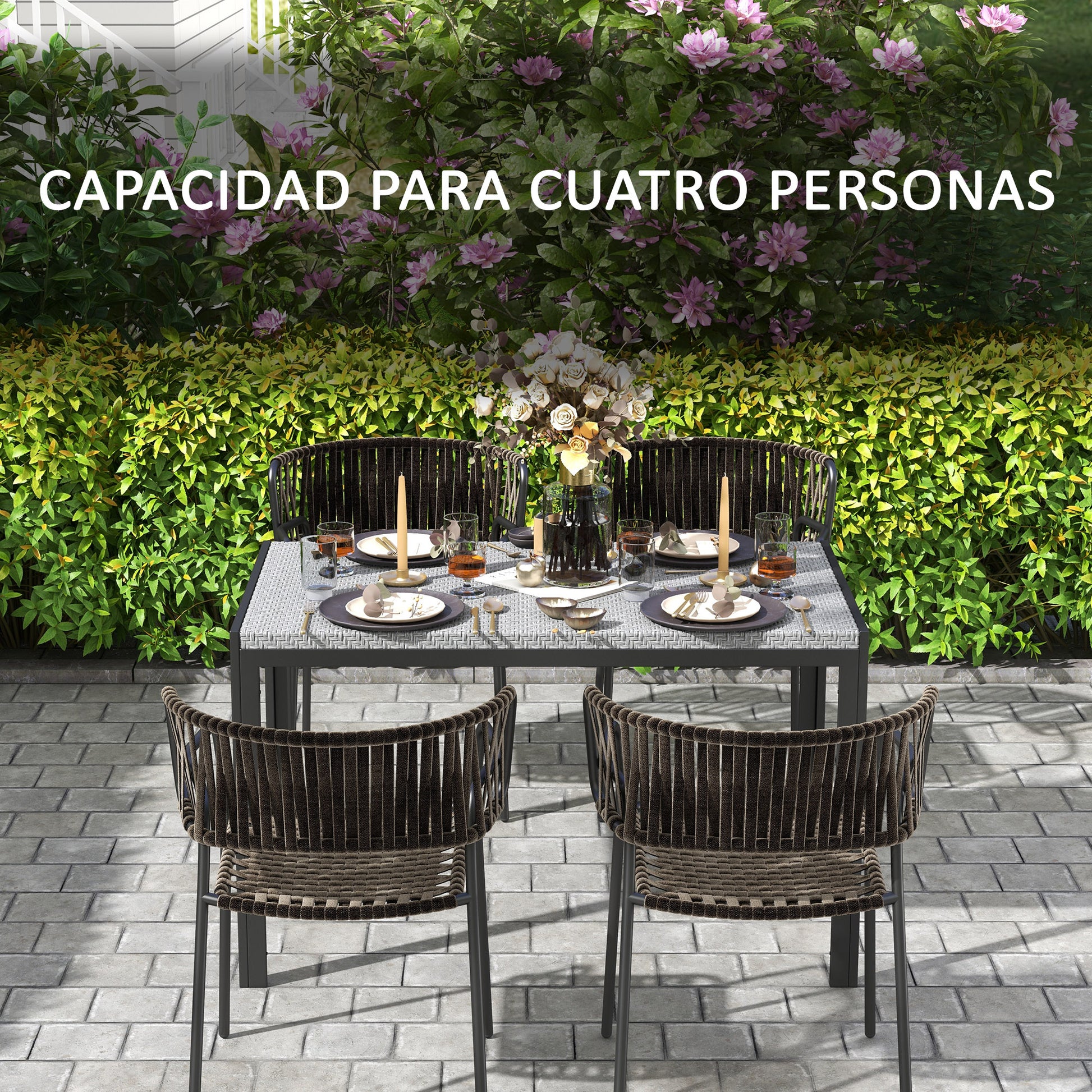 Outsunny Mesa de Comedor de Jardín de Ratán Sintético Mesa de Terraza Exterior con Estructura de Metal Resistente a Intemperie 120x70x72 cm Gris y Negro