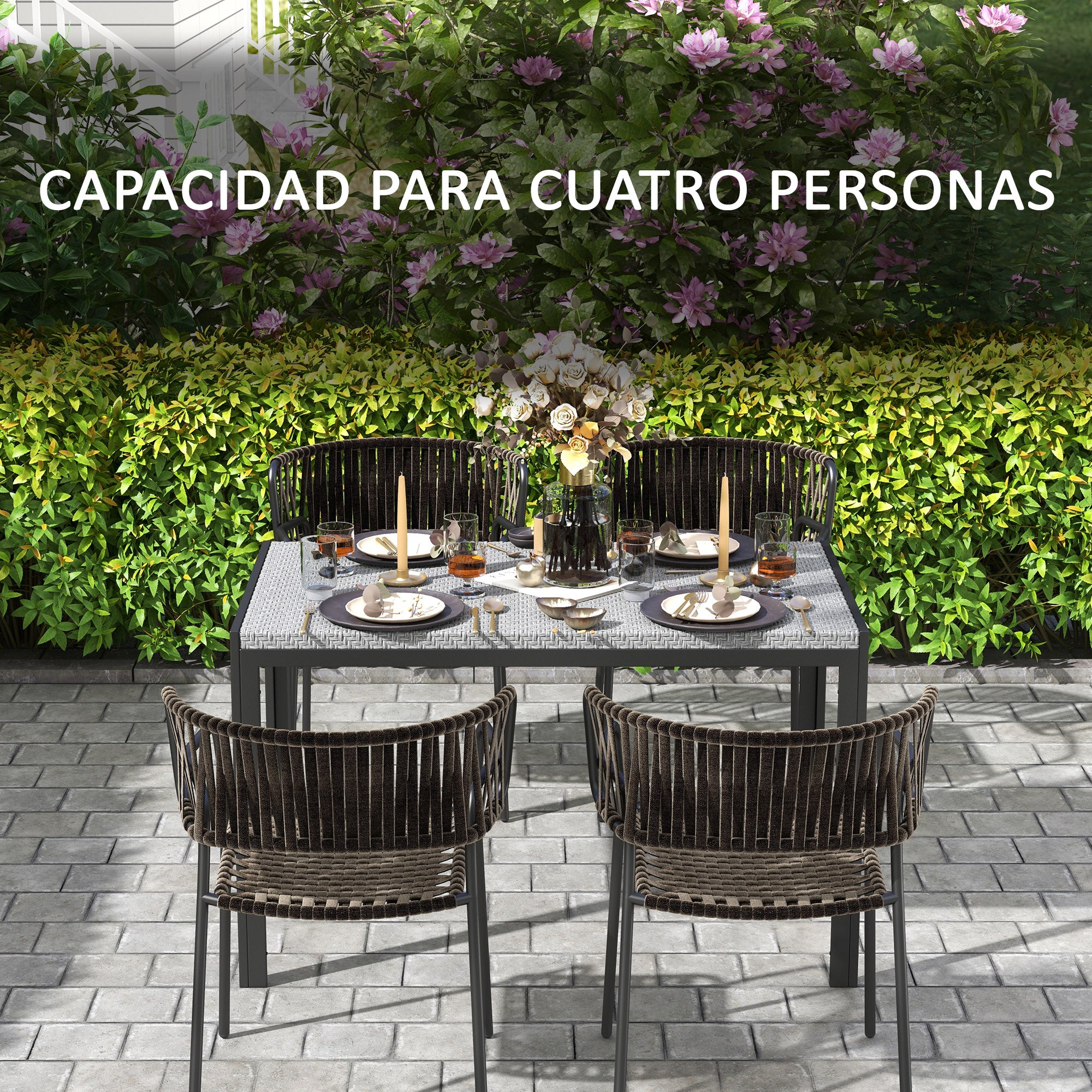 Outsunny Mesa de Comedor de Jardín de Ratán Sintético Mesa de Terraza Exterior con Estructura de Metal Resistente a Intemperie 120x70x72 cm Gris y Negro