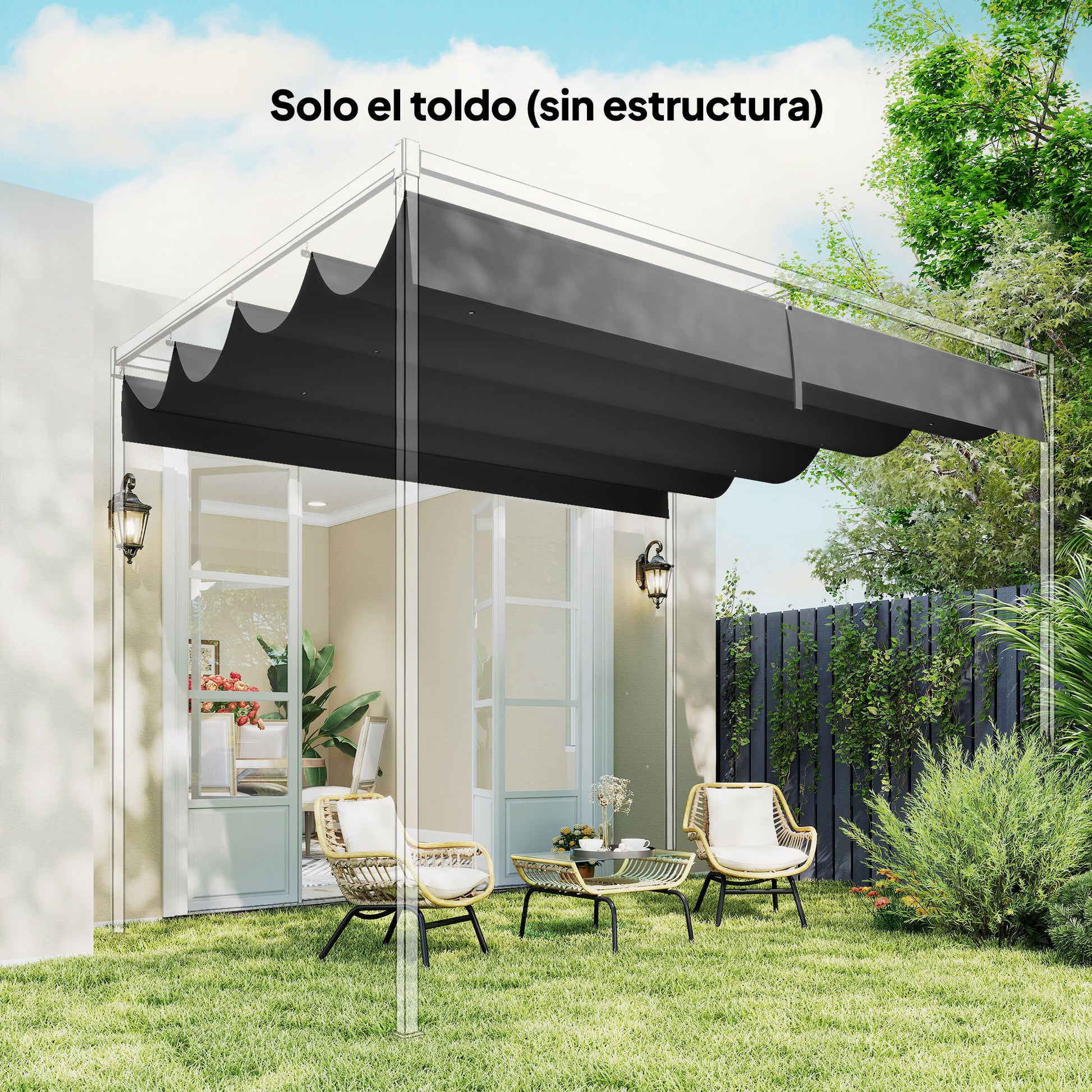 Outsunny Techo de Pérgola 4 x 3,5 m, Techo de Repuesto Retráctil para Marco de Pérgola de 4x3 m, UV30+, Toldo de Tela Solo para Cenador Jardín con 8 Orificios de Drenaje, Gris Oscuro