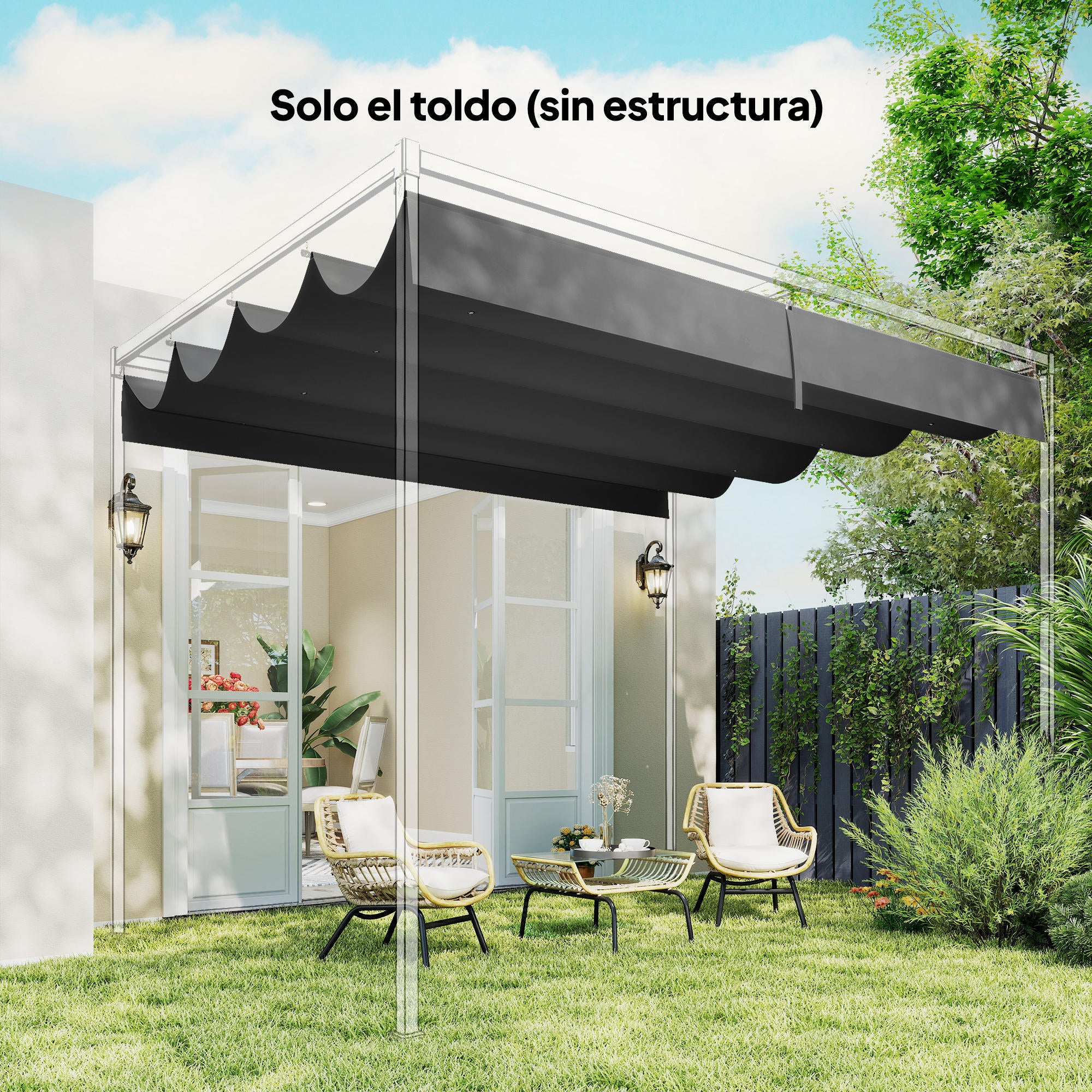 Outsunny Techo de Pérgola 4 x 3,5 m, Techo de Repuesto Retráctil para Marco de Pérgola de 4x3 m, UV30+, Toldo de Tela Solo para Cenador Jardín con 8 Orificios de Drenaje, Gris Oscuro