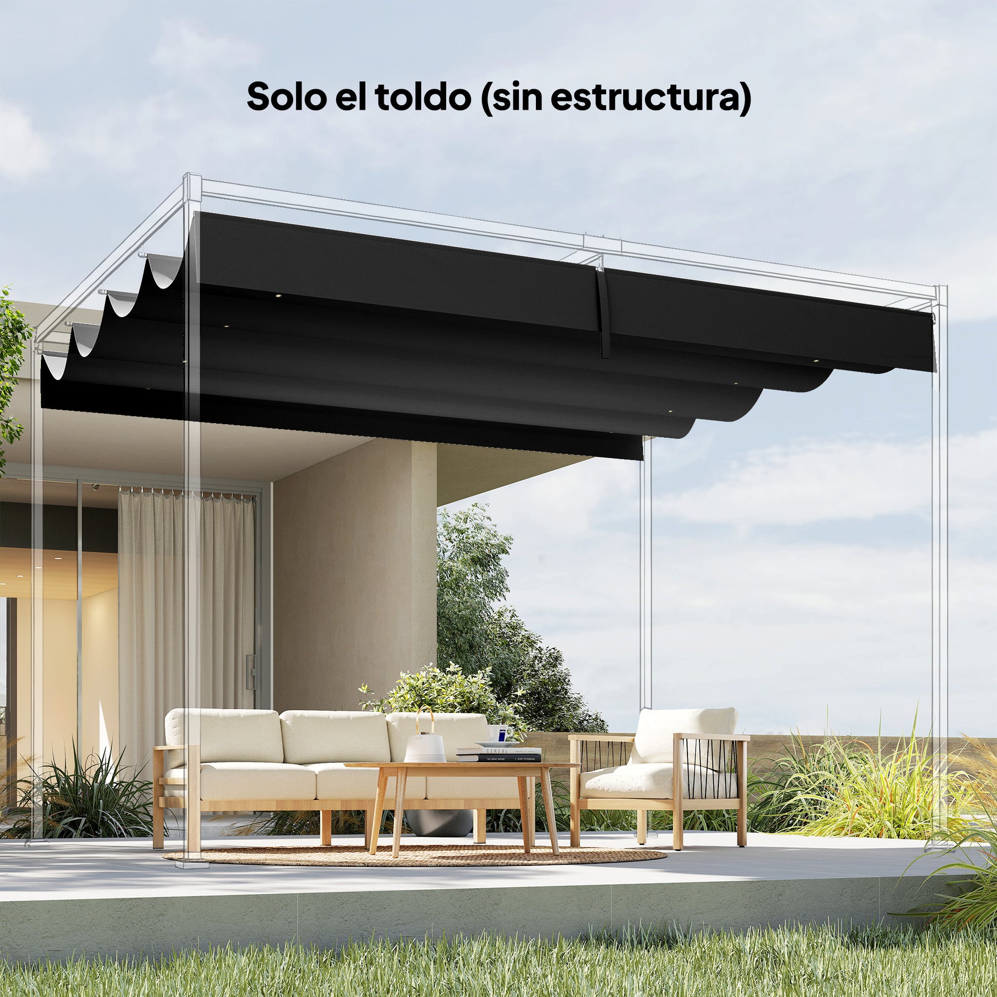 Outsunny Techo de Pérgola 4 x 3,5 m, Techo de Repuesto Retráctil para Marco de Pérgola de 4x3 m, UV30+, Toldo de Tela Solo para Cenador Jardín con 8 Orificios de Drenaje, Gris Oscuro