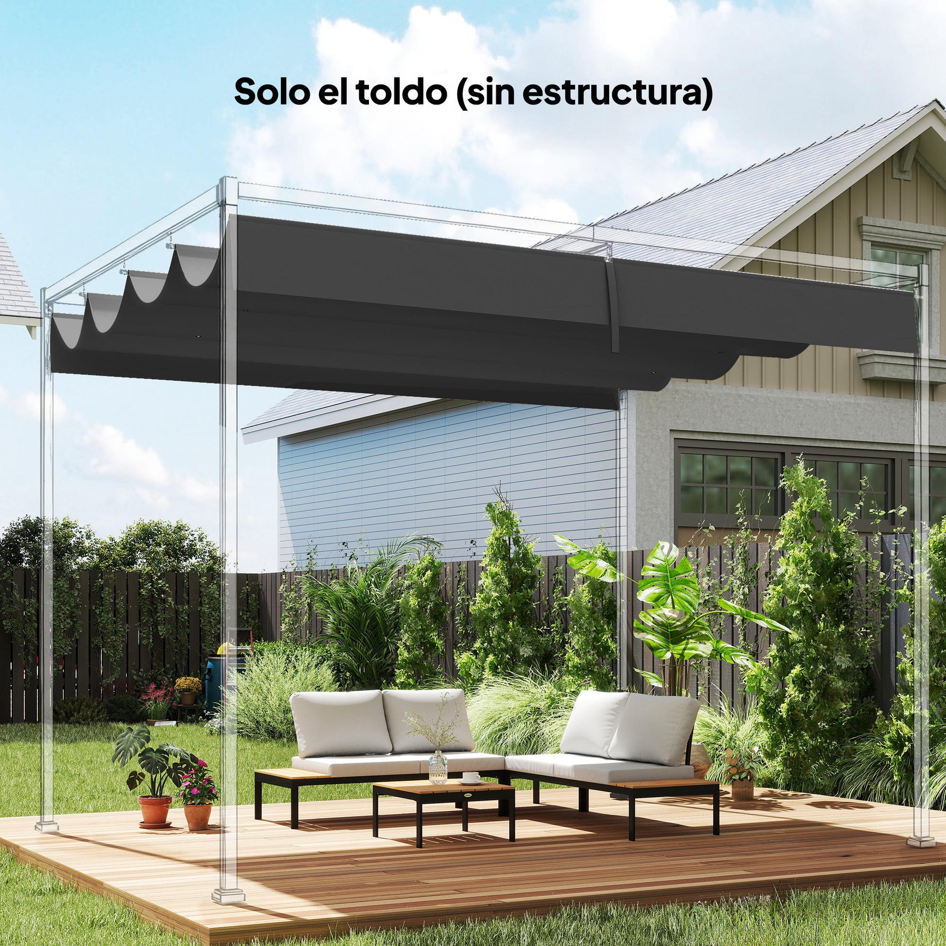 Outsunny Techo de Pérgola 4 x 3,5 m, Techo de Repuesto Retráctil para Marco de Pérgola de 4x3 m, UV30+, Toldo de Tela Solo para Cenador Jardín con 8 Orificios de Drenaje, Gris Oscuro