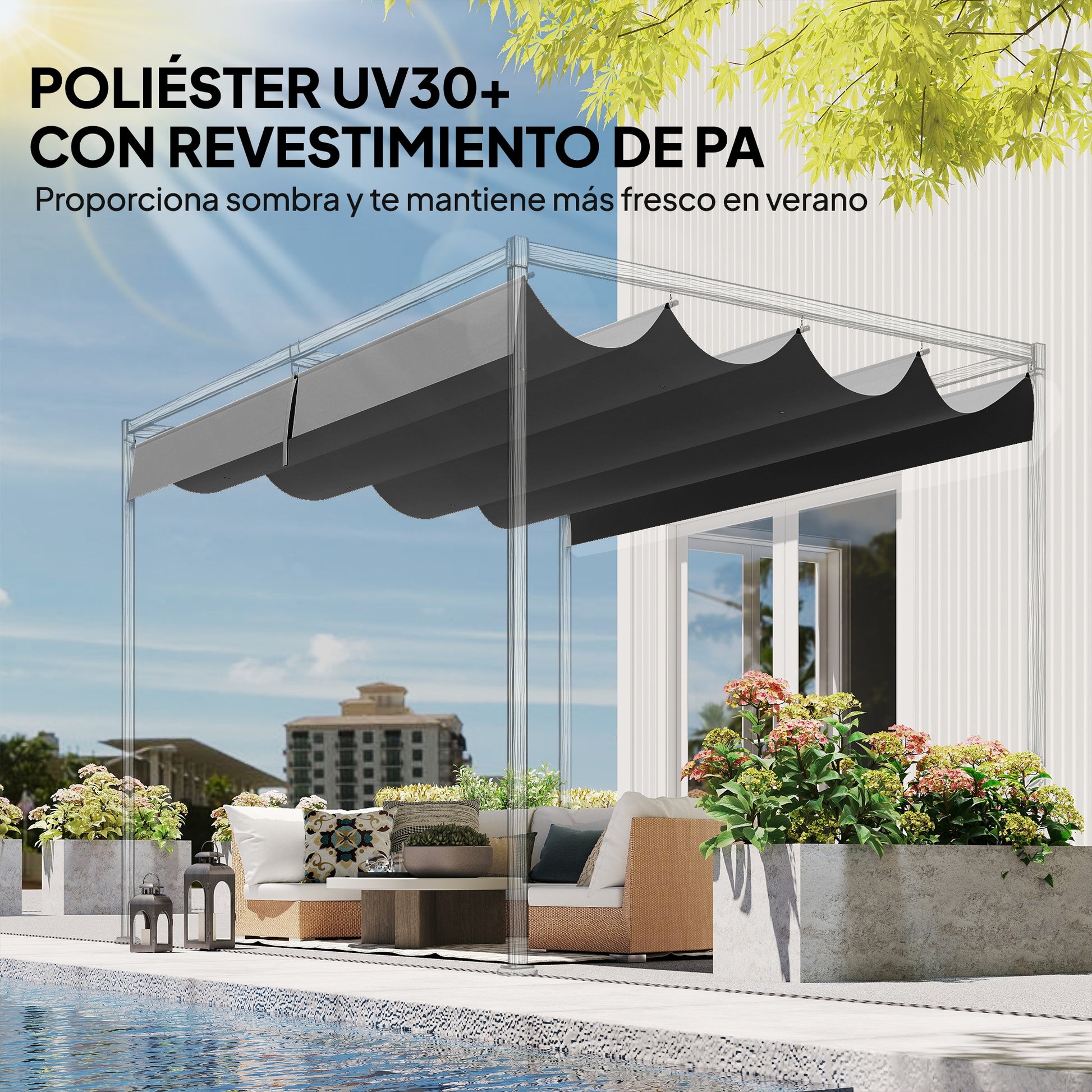 Outsunny Techo de Pérgola 4 x 3,5 m, Techo de Repuesto Retráctil para Marco de Pérgola de 4x3 m, UV30+, Toldo de Tela Solo para Cenador Jardín con 8 Orificios de Drenaje, Gris Oscuro