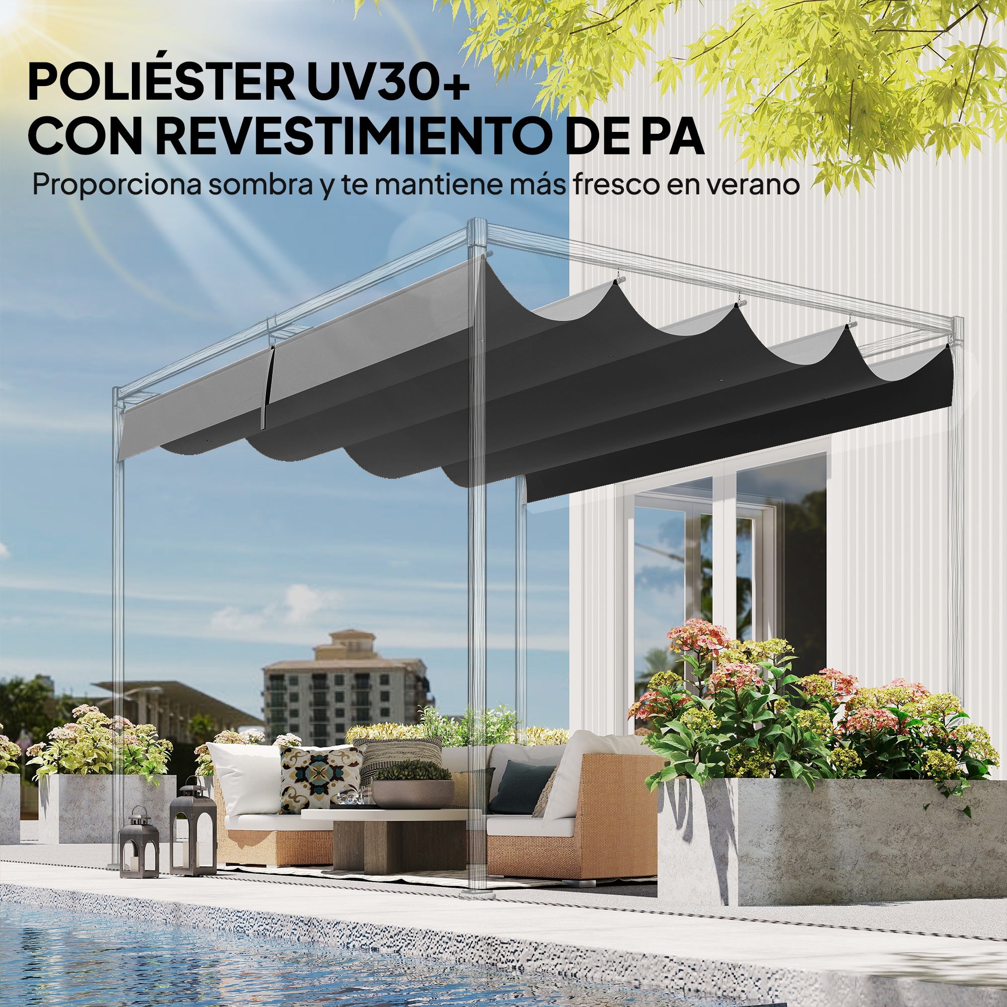 Outsunny Techo de Pérgola 4 x 3,5 m, Techo de Repuesto Retráctil para Marco de Pérgola de 4x3 m, UV30+, Toldo de Tela Solo para Cenador Jardín con 8 Orificios de Drenaje, Gris Oscuro