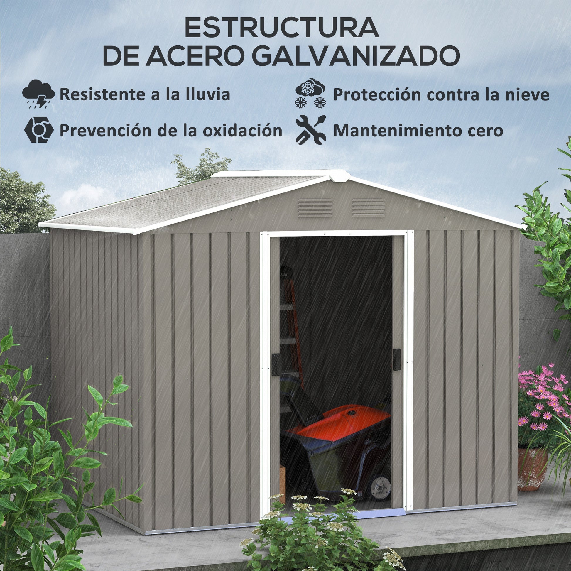 Outsunny Caseta de Jardín Exterior 3,6 m² 236x174x190 cm Cobertizo de Jardín Exterior con 2 Puertas Correderas Techo Inclinado y 4 Ventanas para Patio Terraza Gris Claro