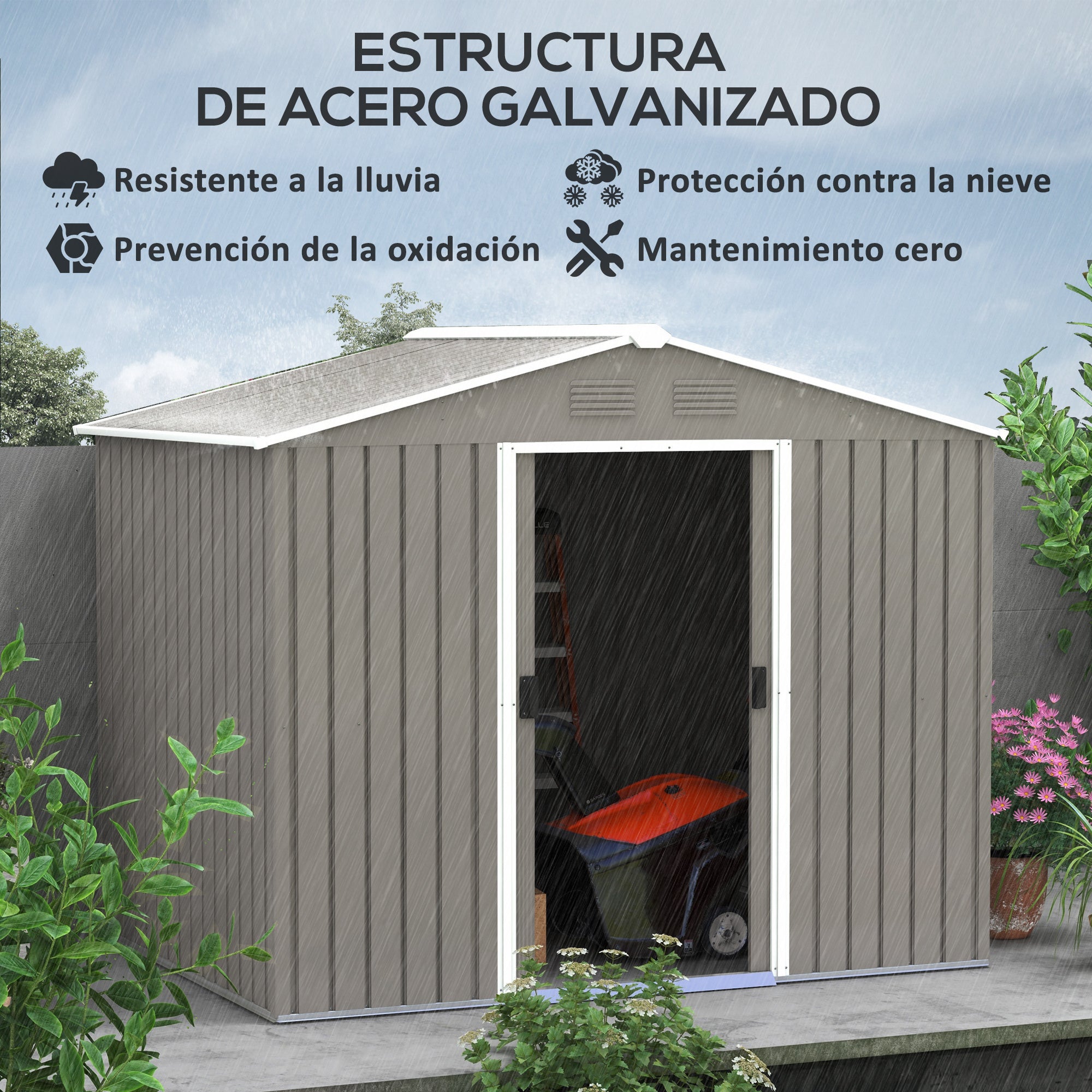 Outsunny Caseta de Jardín Exterior 3,6 m² 236x174x190 cm Cobertizo de Jardín Exterior con 2 Puertas Correderas Techo Inclinado y 4 Ventanas para Patio Terraza Gris Claro