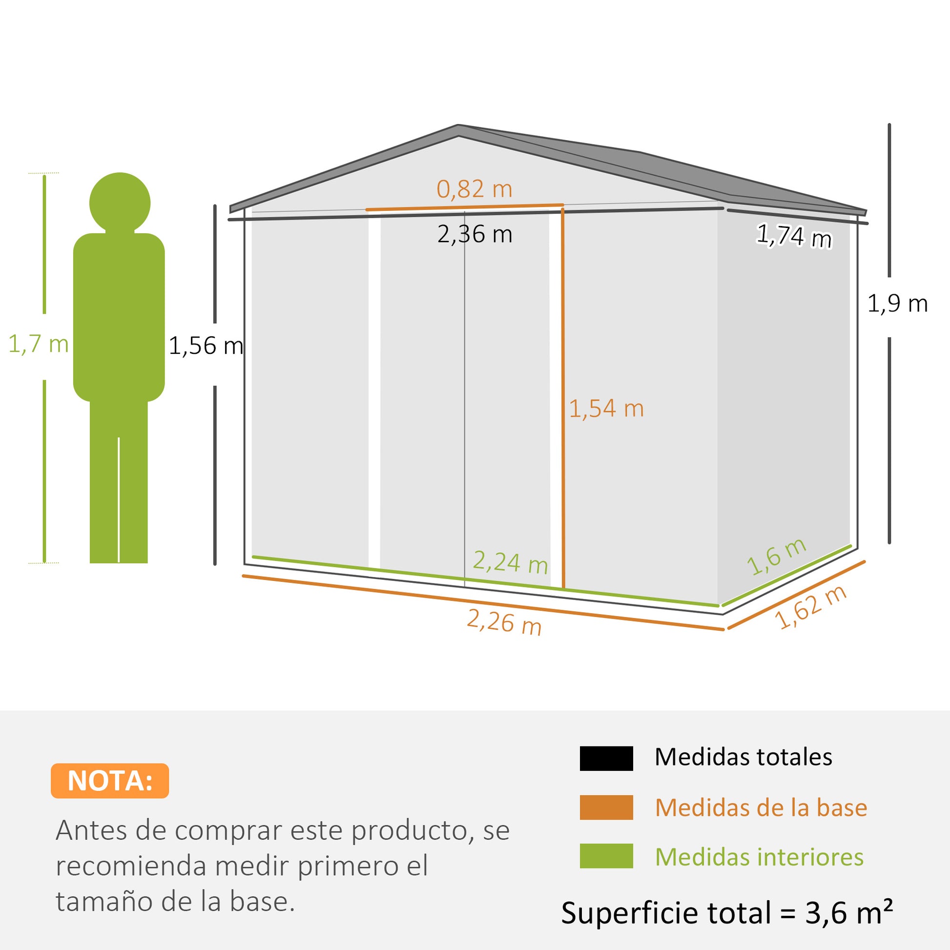 Outsunny Caseta de Jardín Exterior 3,6 m² 236x174x190 cm Cobertizo de Jardín Exterior con 2 Puertas Correderas Techo Inclinado y 4 Ventanas para Patio Terraza Gris Claro