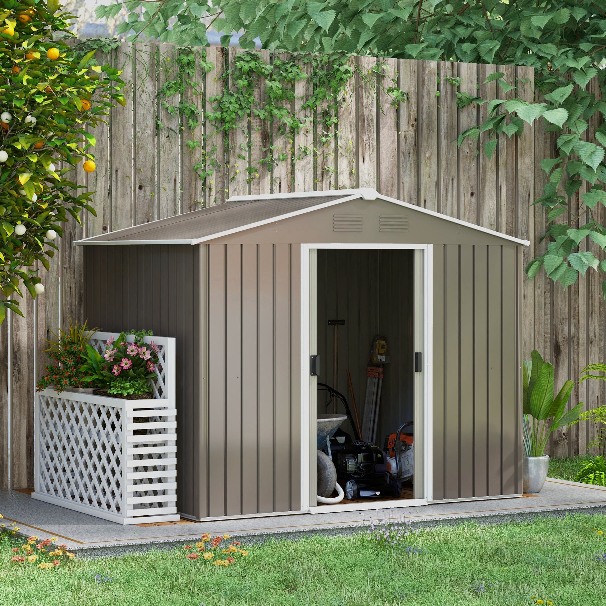 Outsunny Caseta de Jardín Exterior 3,6 m² 236x174x190 cm Cobertizo de Jardín Exterior con 2 Puertas Correderas Techo Inclinado y 4 Ventanas para Patio Terraza Gris Claro