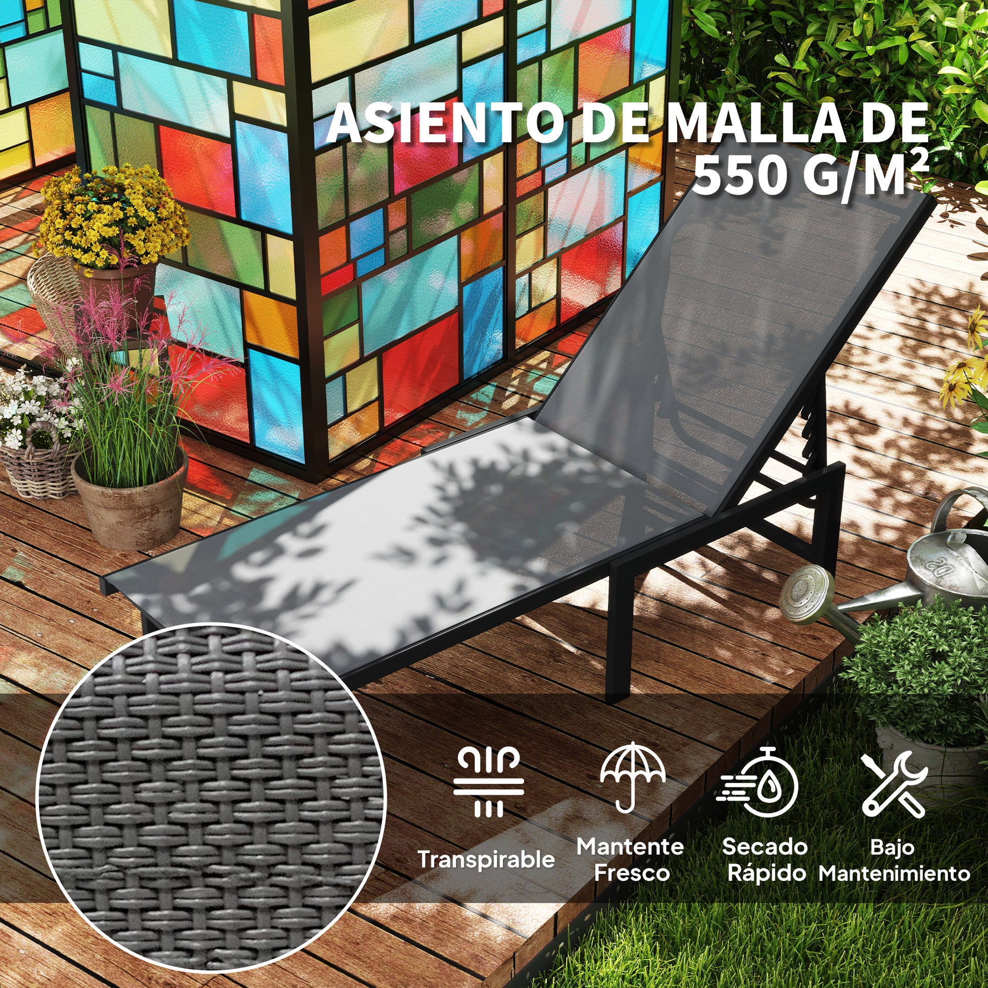 Outsunny Tumbona Jardín Exterior, Tumbona Reclinable con Respaldo Ajustable en 5 Niveles y Estructura de Acero, Impermeable, Carga 120 kg, para Patio, Terraza, Balcón, 166x60x84 cm, Gris