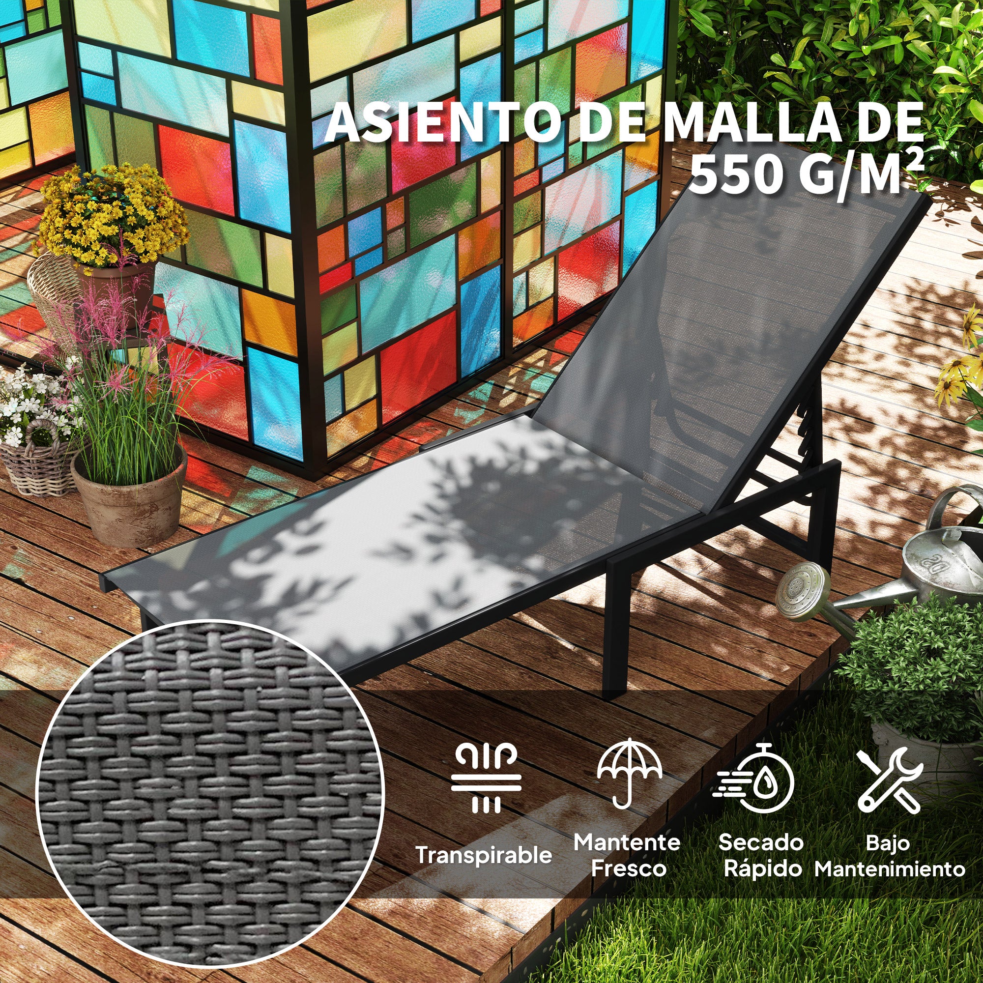 Outsunny Tumbona Jardín Exterior, Tumbona Reclinable con Respaldo Ajustable en 5 Niveles y Estructura de Acero, Impermeable, Carga 120 kg, para Patio, Terraza, Balcón, 166x60x84 cm, Gris