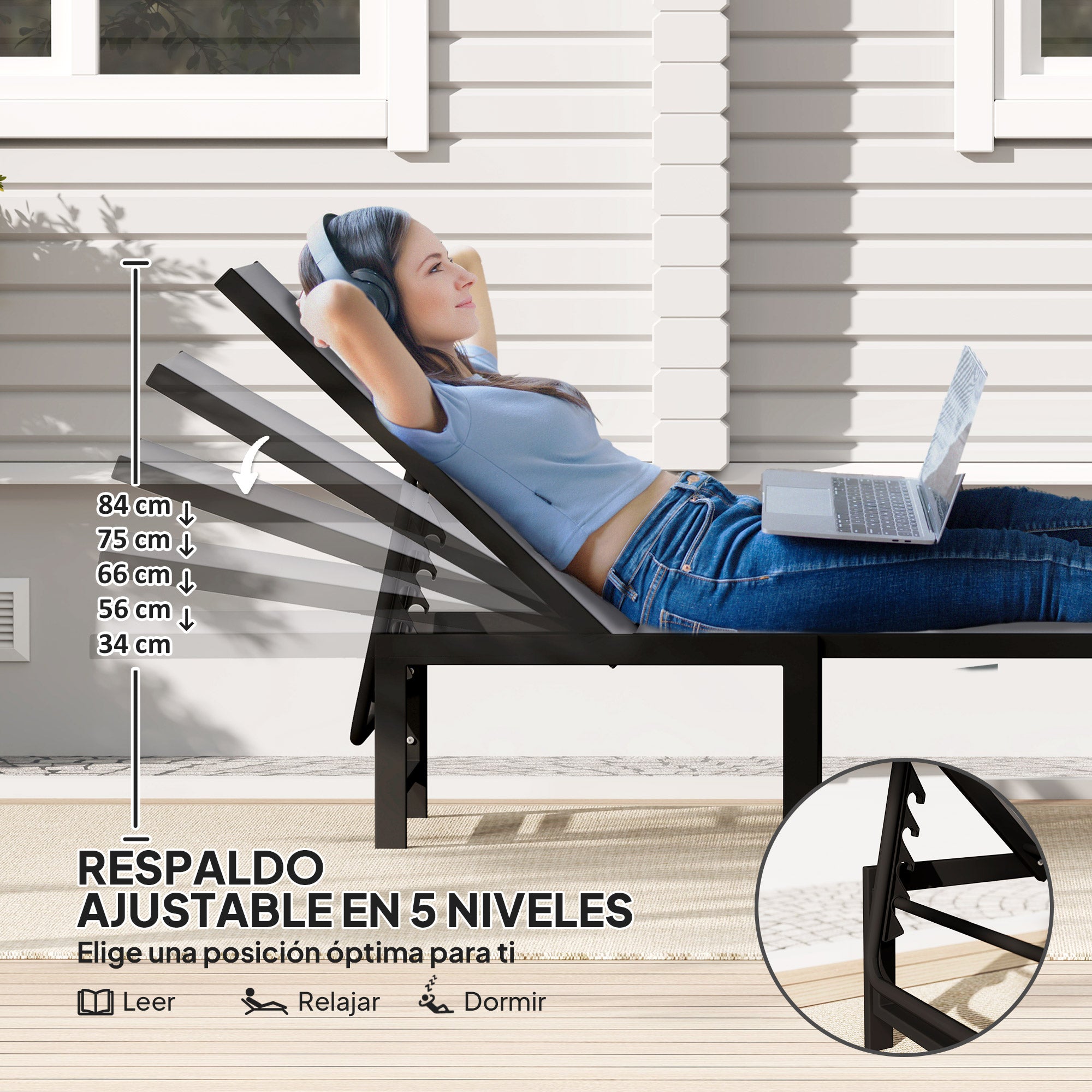 Outsunny Tumbona Jardín Exterior, Tumbona Reclinable con Respaldo Ajustable en 5 Niveles y Estructura de Acero, Impermeable, Carga 120 kg, para Patio, Terraza, Balcón, 166x60x84 cm, Gris