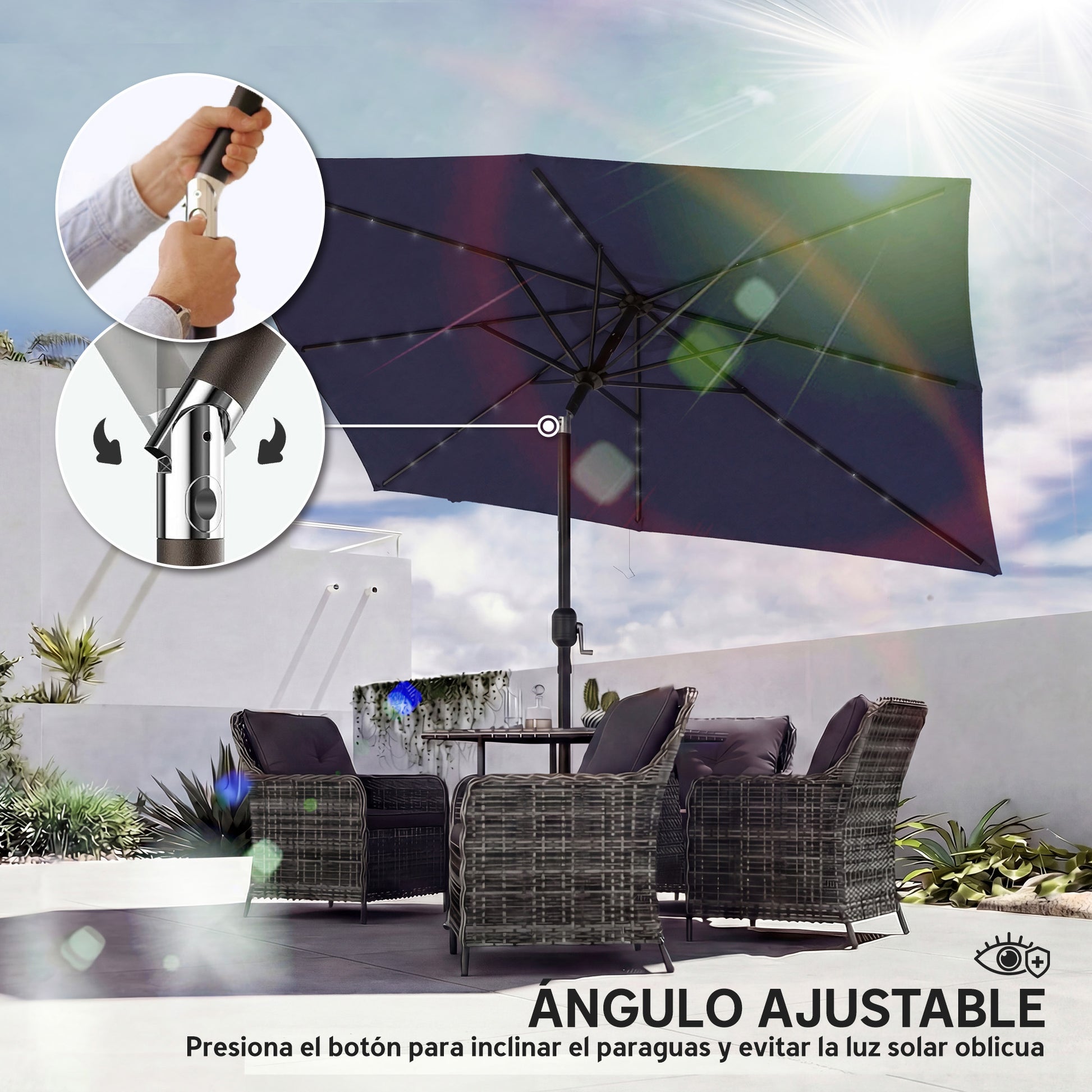 Outsunny Sombrilla Terraza Exterior, 2,9x2,5 m, Sombrilla de Jardín con 24 Luces LED Solares, Dosel Inclinable, Poste Metálico, Parasol para Patio, Terraza, Azul Oscuro