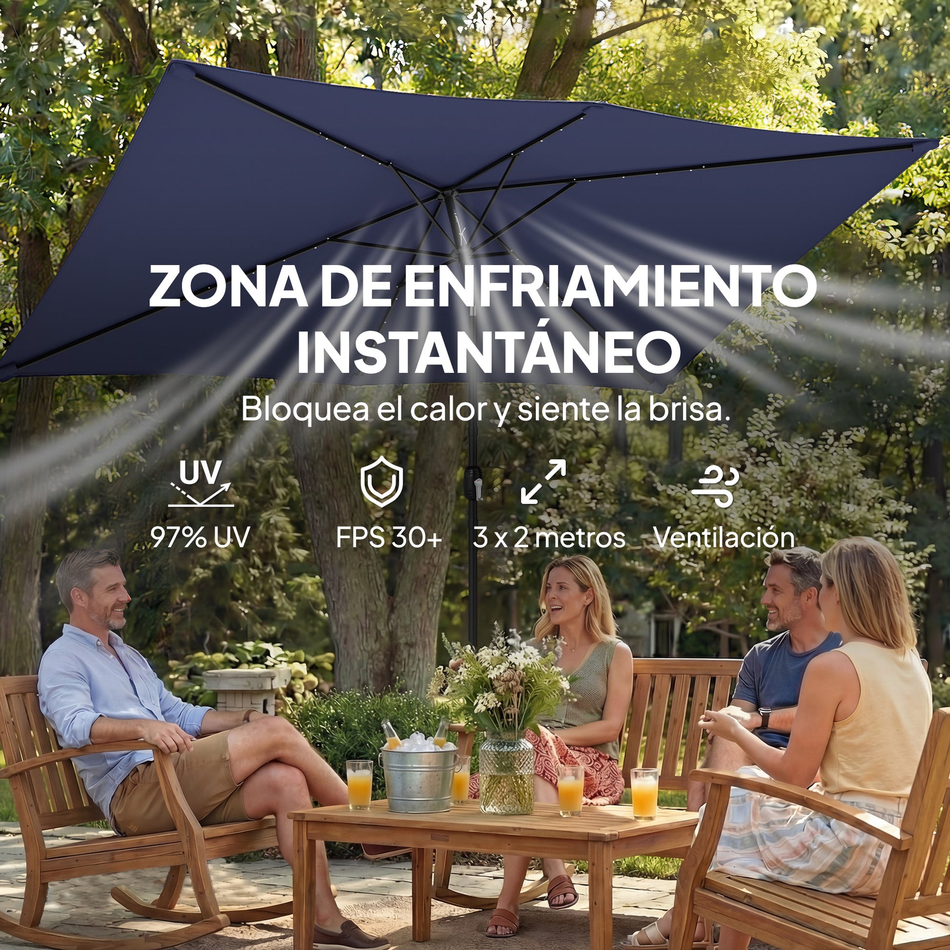 Outsunny Sombrilla Terraza Exterior, 2,9x2,5 m, Sombrilla de Jardín con 24 Luces LED Solares, Dosel Inclinable, Poste Metálico, Parasol para Patio, Terraza, Azul Oscuro