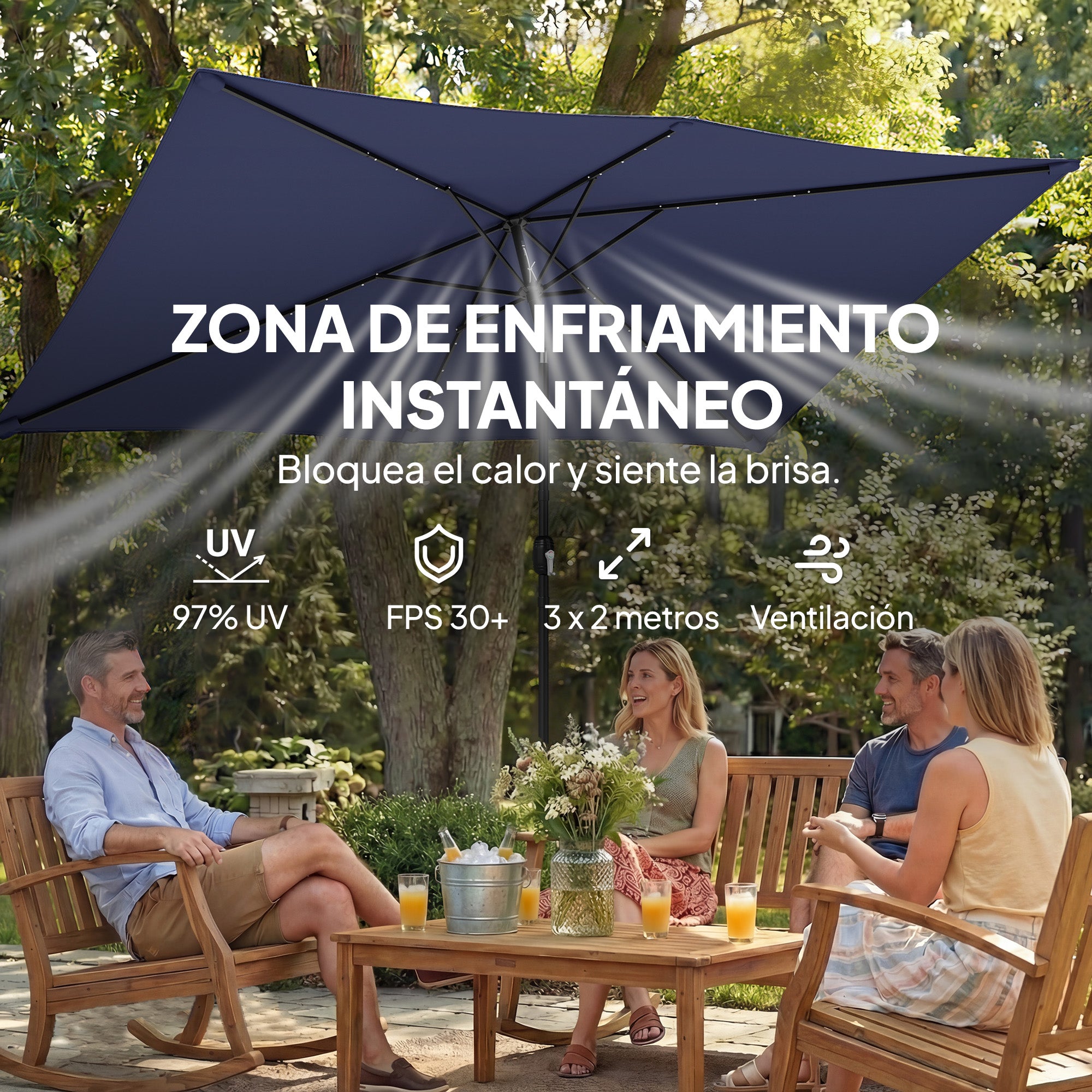 Outsunny Sombrilla Terraza Exterior, 2,9x2,5 m, Sombrilla de Jardín con 24 Luces LED Solares, Dosel Inclinable, Poste Metálico, Parasol para Patio, Terraza, Azul Oscuro