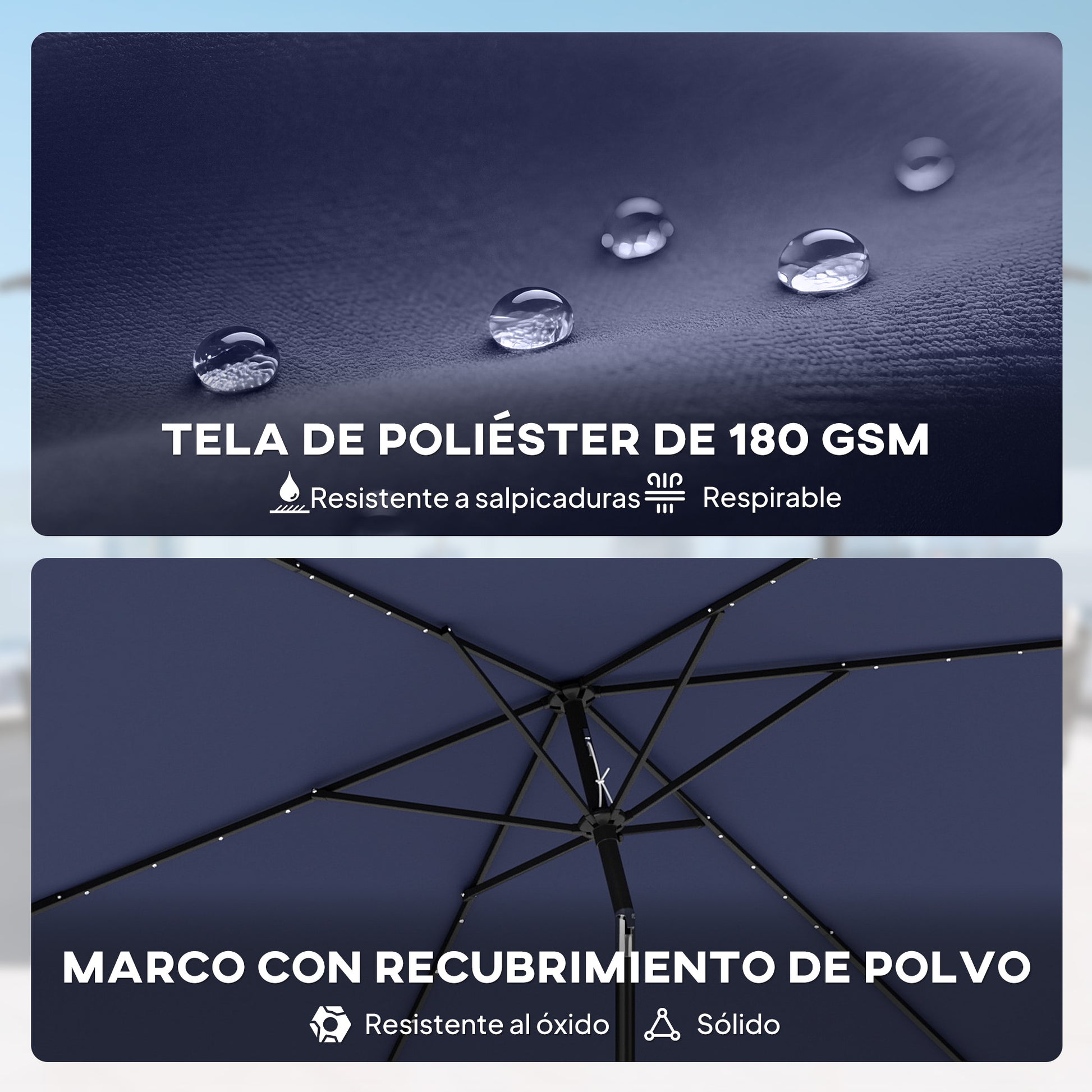 Outsunny Sombrilla Terraza Exterior, 2,9x2,5 m, Sombrilla de Jardín con 24 Luces LED Solares, Dosel Inclinable, Poste Metálico, Parasol para Patio, Terraza, Azul Oscuro