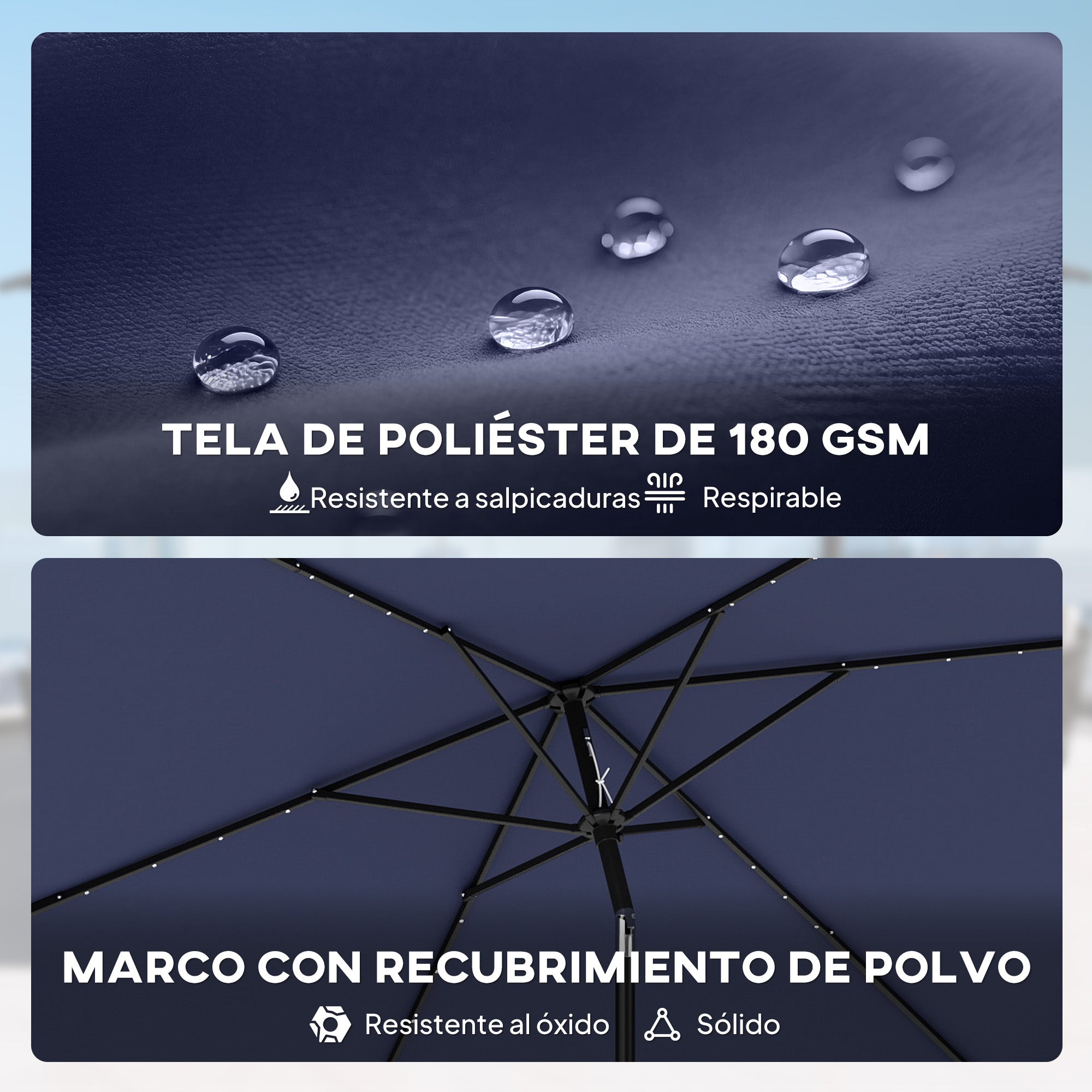 Outsunny Sombrilla Terraza Exterior, 2,9x2,5 m, Sombrilla de Jardín con 24 Luces LED Solares, Dosel Inclinable, Poste Metálico, Parasol para Patio, Terraza, Azul Oscuro