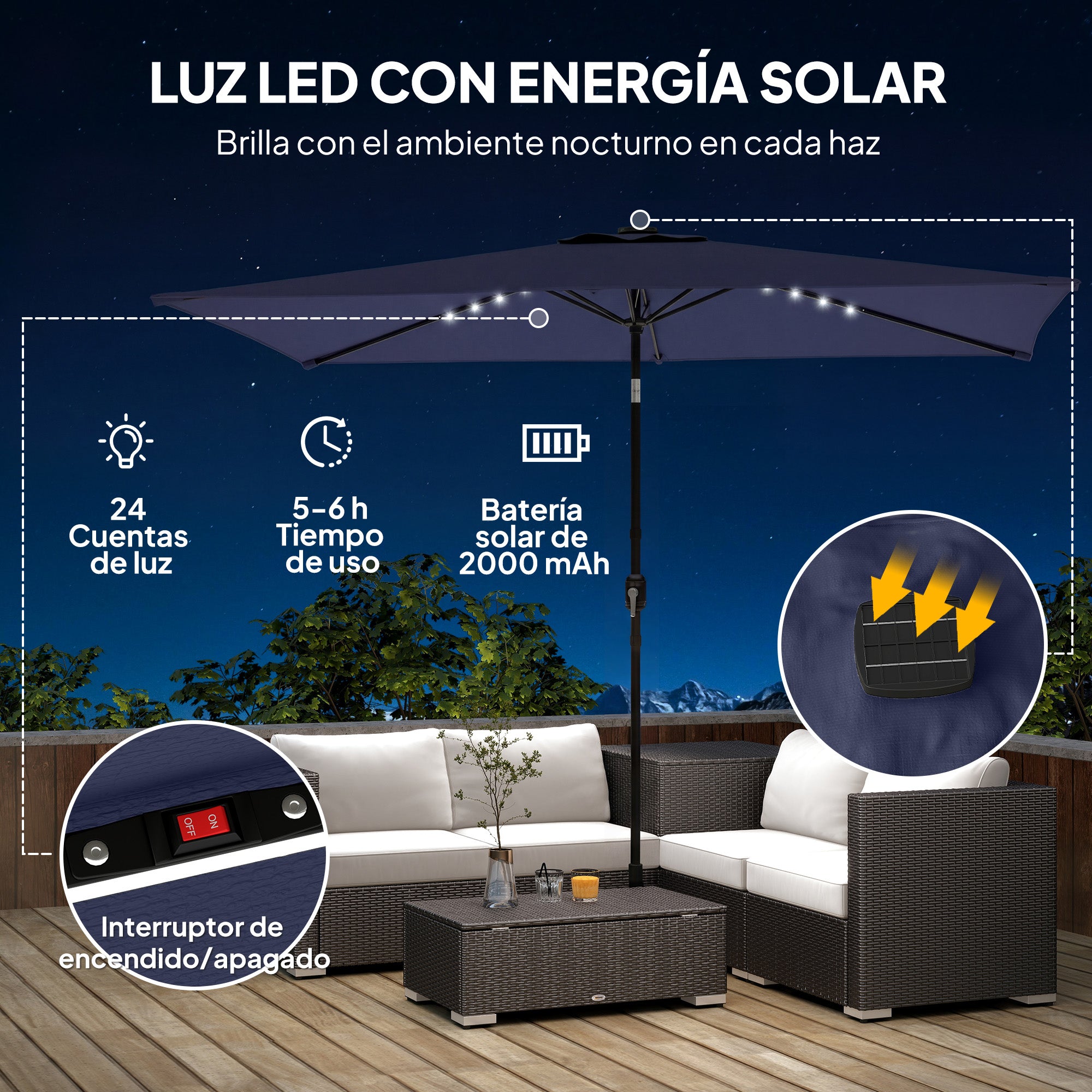 Outsunny Sombrilla Terraza Exterior, 2,9x2,5 m, Sombrilla de Jardín con 24 Luces LED Solares, Dosel Inclinable, Poste Metálico, Parasol para Patio, Terraza, Azul Oscuro