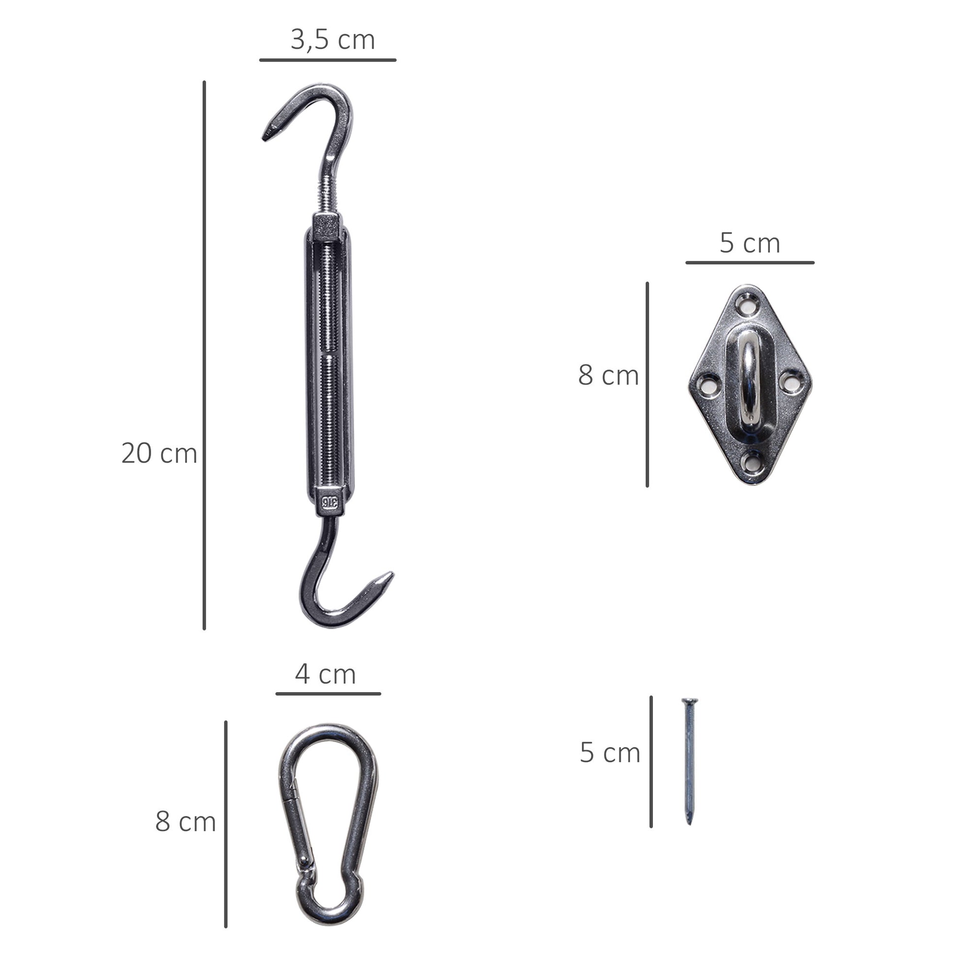 Outsunny Toldos Accesorios para Toldo Vela Cuerda Gancho Conjunto Fijacion de Acero Inoxidable