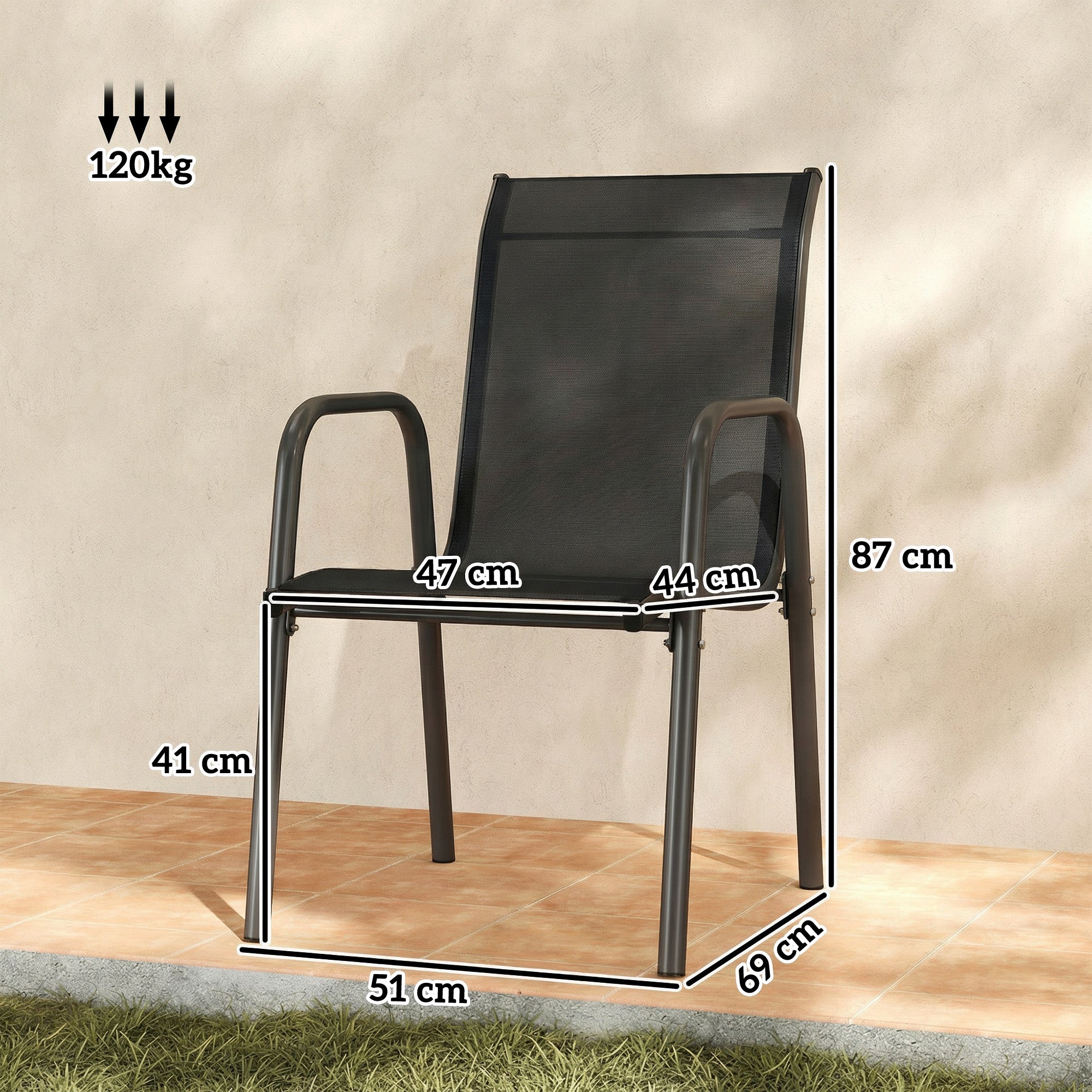 Outsunny Juego de 6 Sillas de Jardín Exterior Apilables, Sillas Terraza Exterior con Reposabrazos, Asiento y Respaldo de Malla Transpirable, Estructura Metálica Resistente, 51x69x87 cm, Negro