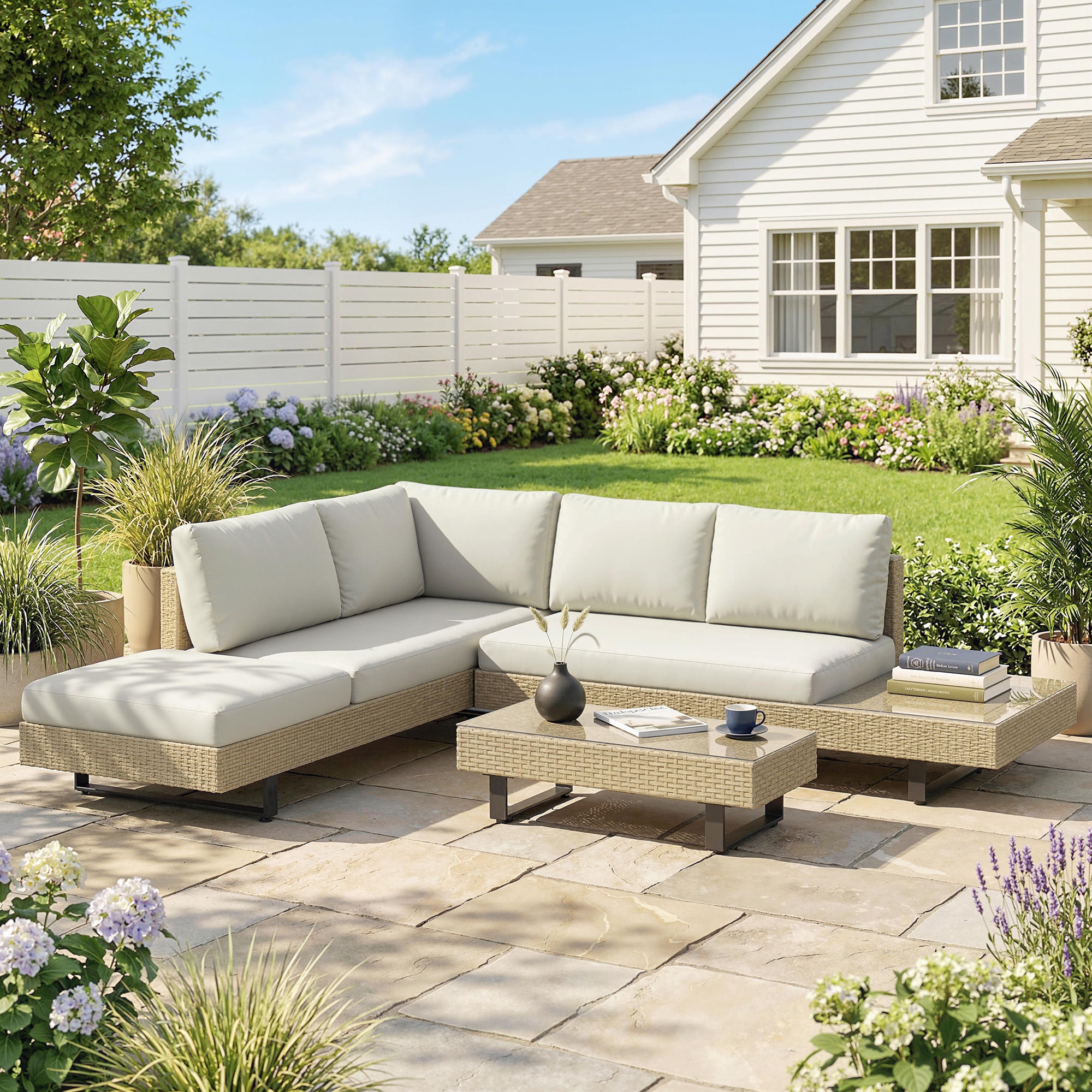 Outsunny Conjunto de Jardín de Ratán de 3 Piezas, Conjunto Terraza Resistente, Muebles Jardín Exterior Incluye Cojines, Sofá de 3 Plazas, Sofá de 2 Plazas con Mesa Lateral, Mesa Centro de Vidrio Beige