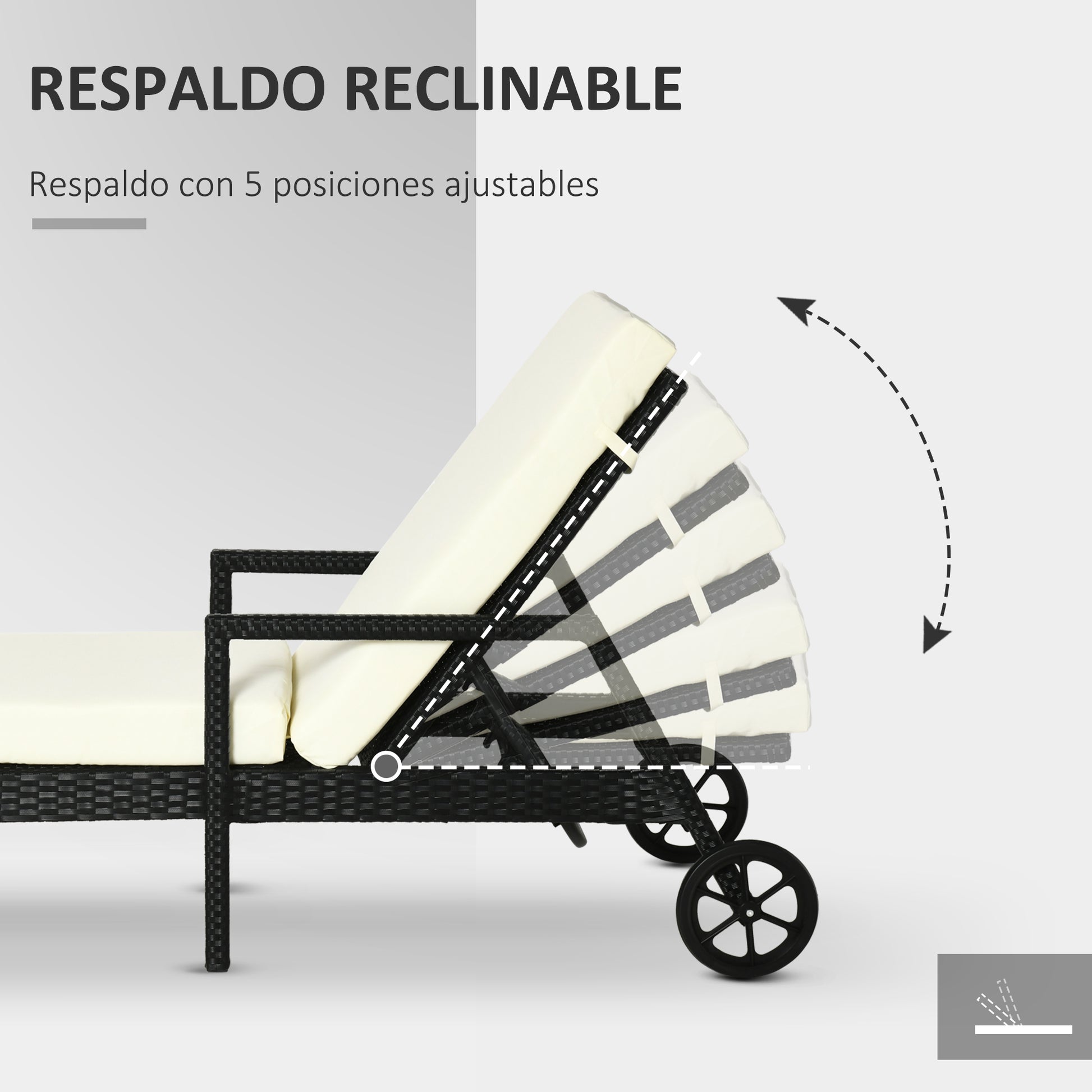 Outsunny Tumbona de Ratán de Jardín con Cojines Acolchados Respaldo Ajustable en 5 Posiciones 2 Ruedas y Tela Extraíble Lavable Carga 160 kg 67x196x96 cm Negro
