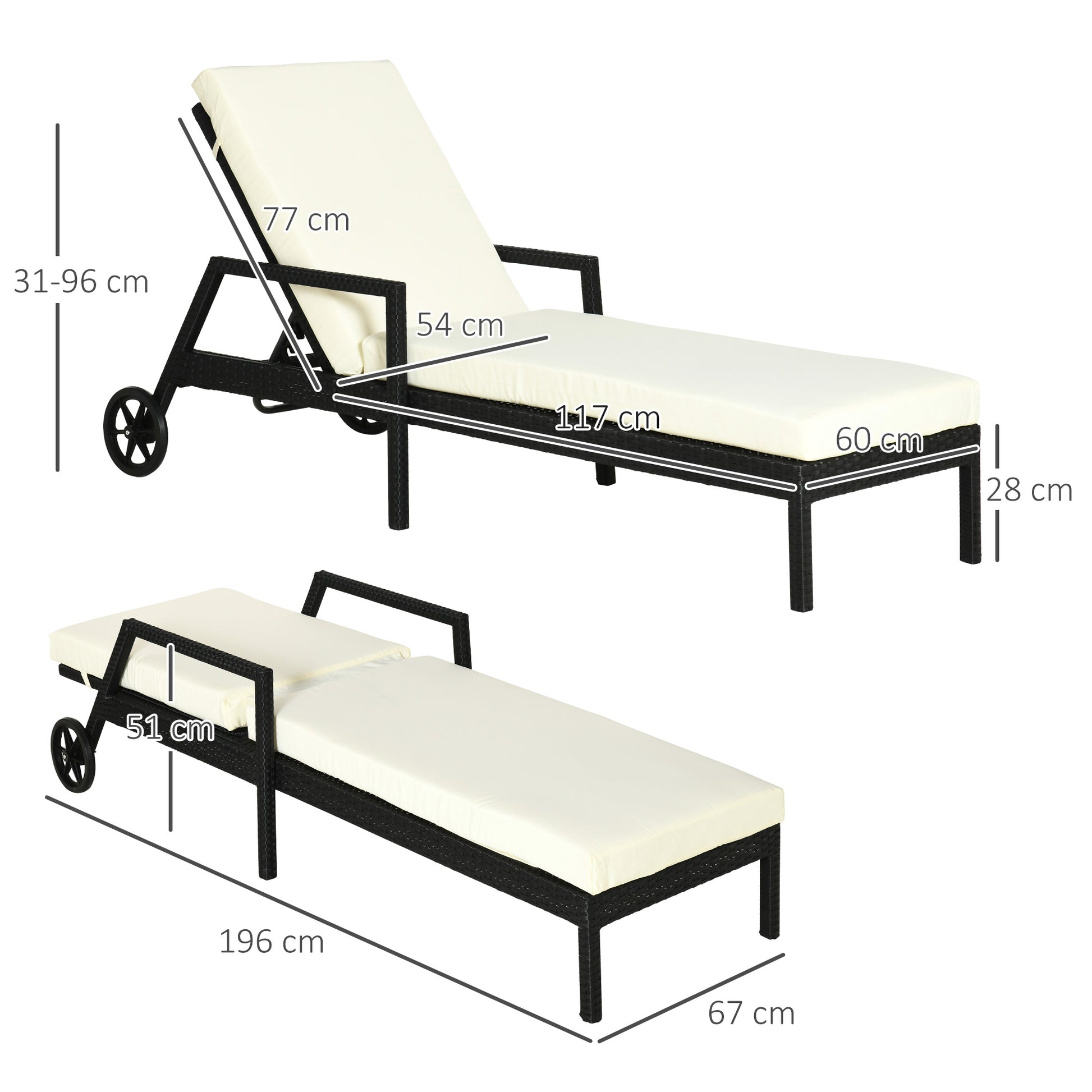 Outsunny Tumbona de Ratán de Jardín con Cojines Acolchados Respaldo Ajustable en 5 Posiciones 2 Ruedas y Tela Extraíble Lavable Carga 160 kg 67x196x96 cm Negro