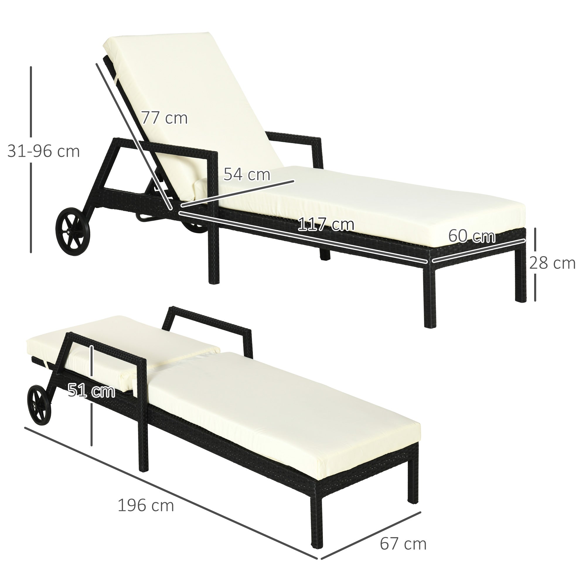 Outsunny Tumbona de Ratán de Jardín con Cojines Acolchados Respaldo Ajustable en 5 Posiciones 2 Ruedas y Tela Extraíble Lavable Carga 160 kg 67x196x96 cm Negro