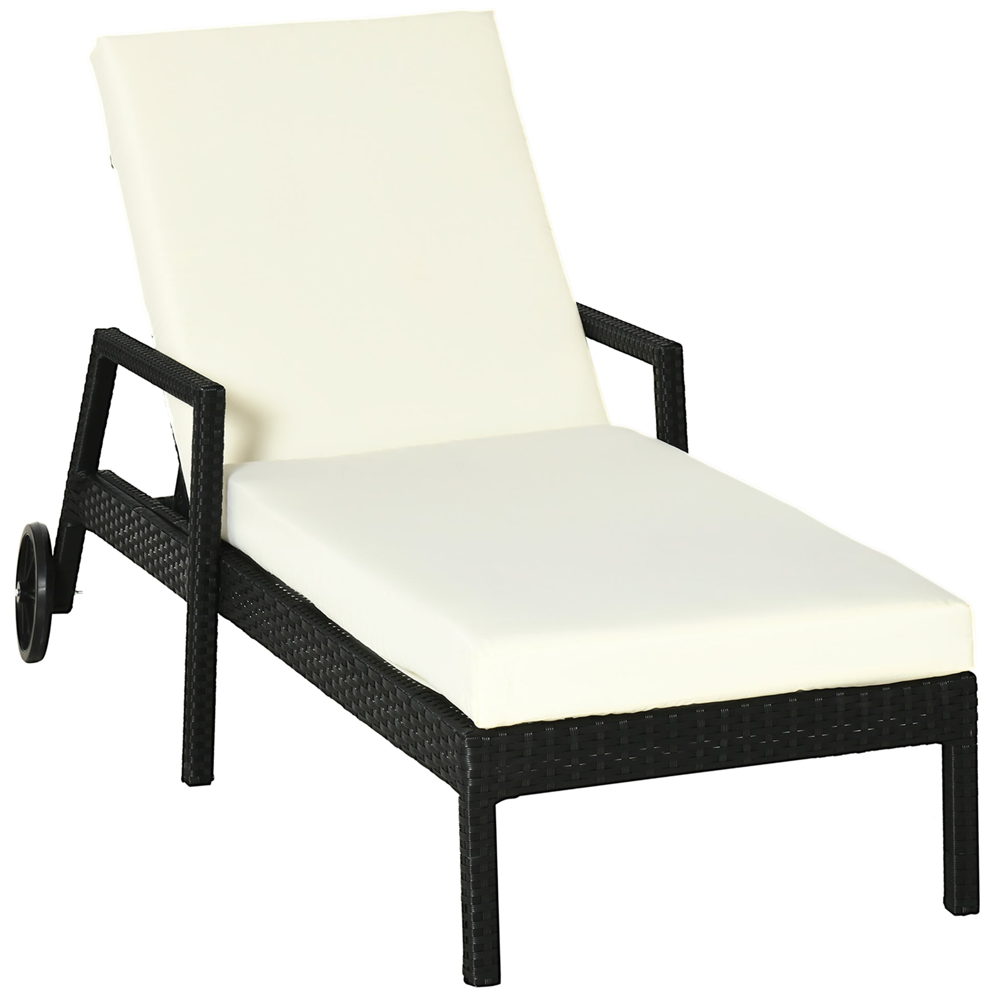 Outsunny Tumbona de Ratán de Jardín con Cojines Acolchados Respaldo Ajustable en 5 Posiciones 2 Ruedas y Tela Extraíble Lavable Carga 160 kg 67x196x96 cm Negro