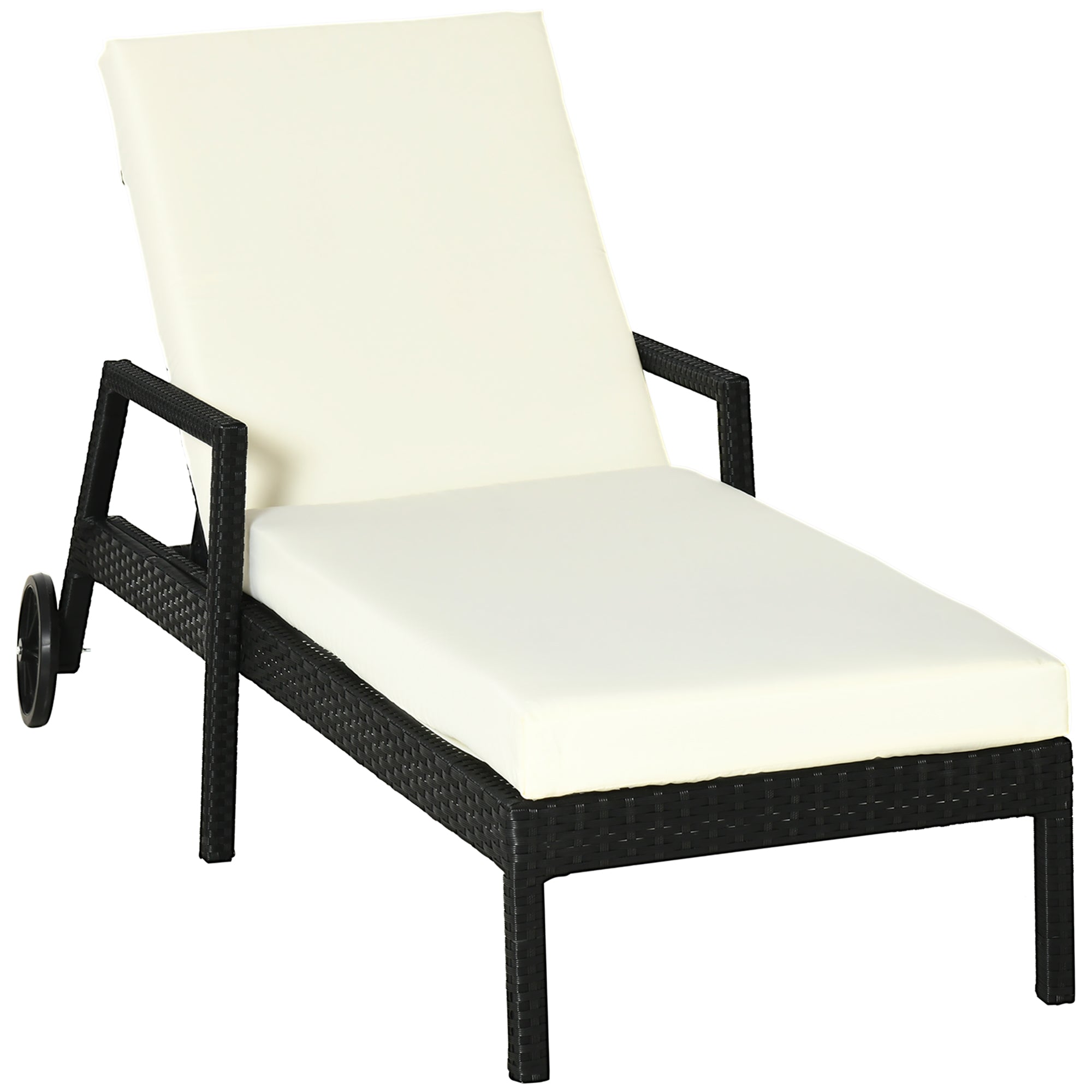 Outsunny Tumbona de Ratán de Jardín con Cojines Acolchados Respaldo Ajustable en 5 Posiciones 2 Ruedas y Tela Extraíble Lavable Carga 160 kg 67x196x96 cm Negro