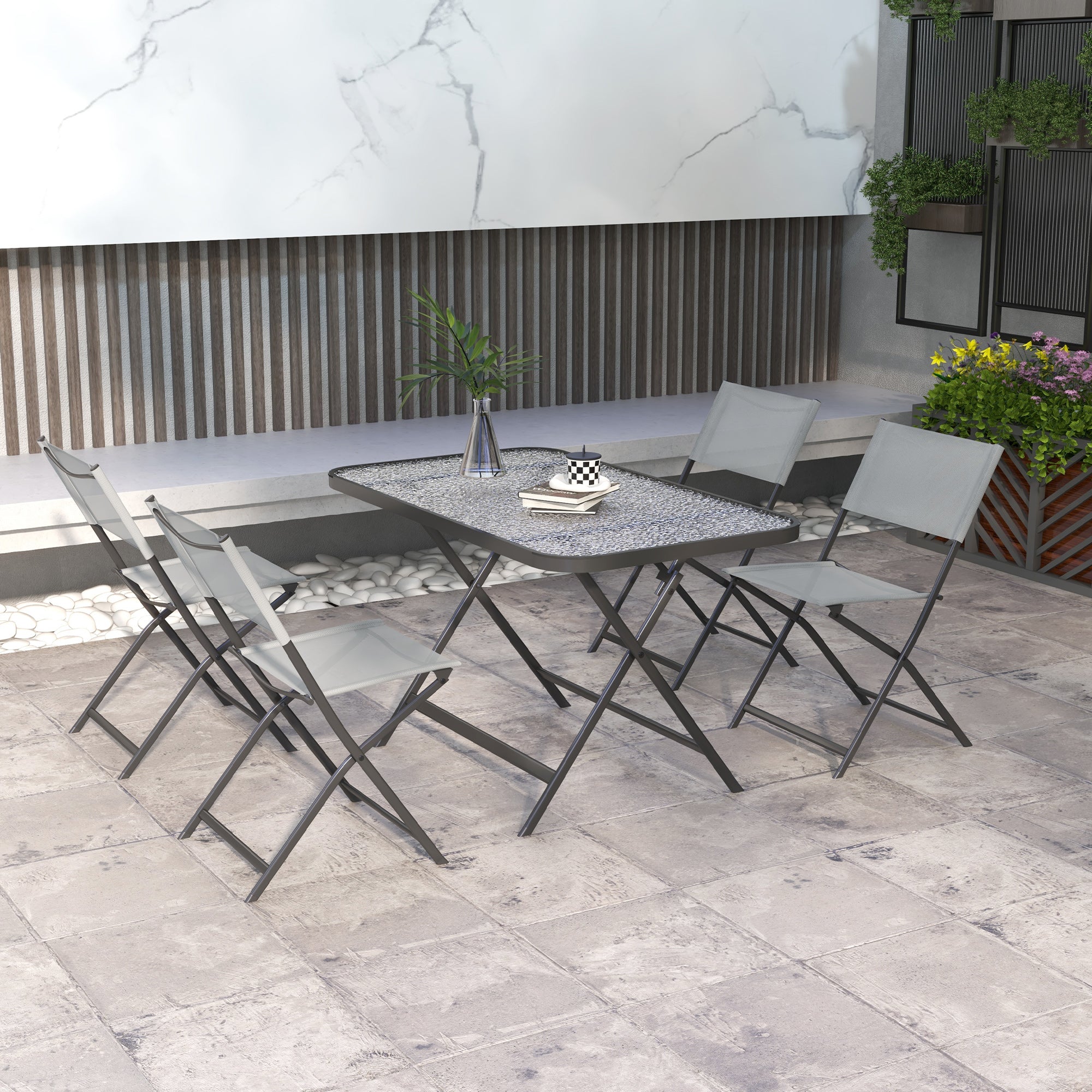 Outsunny Conjunto de Jardín Conjunto de Comedor de Exterior de 5 Piezas Incluye 1 Mesa de Vidrio Templado y 4 Sillas Plegables Estilo Moderno para Terraza Patio Gris