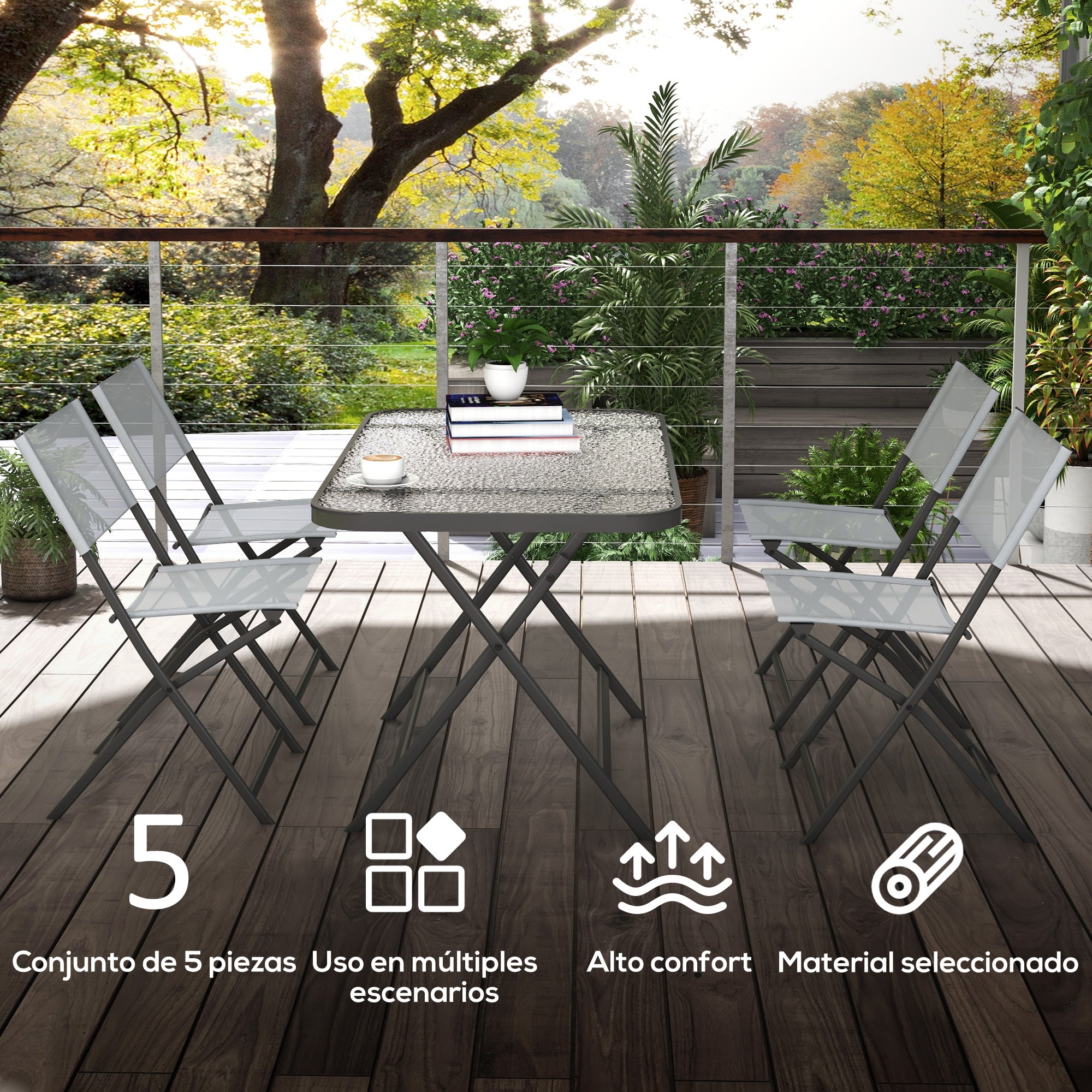 Outsunny Conjunto de Jardín Conjunto de Comedor de Exterior de 5 Piezas Incluye 1 Mesa de Vidrio Templado y 4 Sillas Plegables Estilo Moderno para Terraza Patio Gris