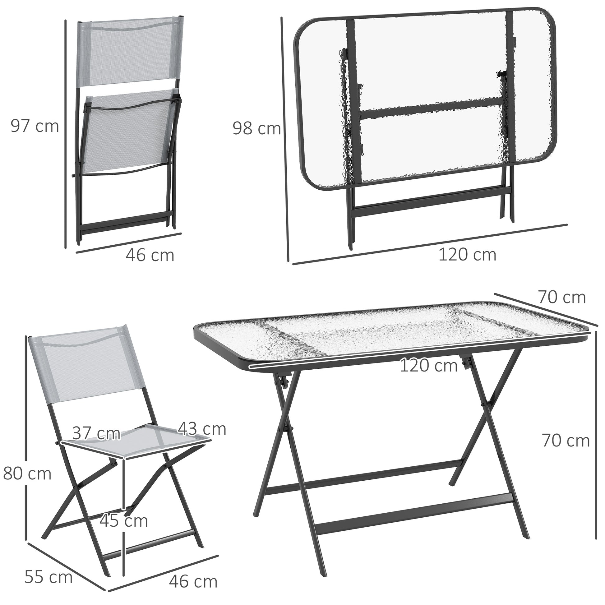 Outsunny Conjunto de Jardín Conjunto de Comedor de Exterior de 5 Piezas Incluye 1 Mesa de Vidrio Templado y 4 Sillas Plegables Estilo Moderno para Terraza Patio Gris