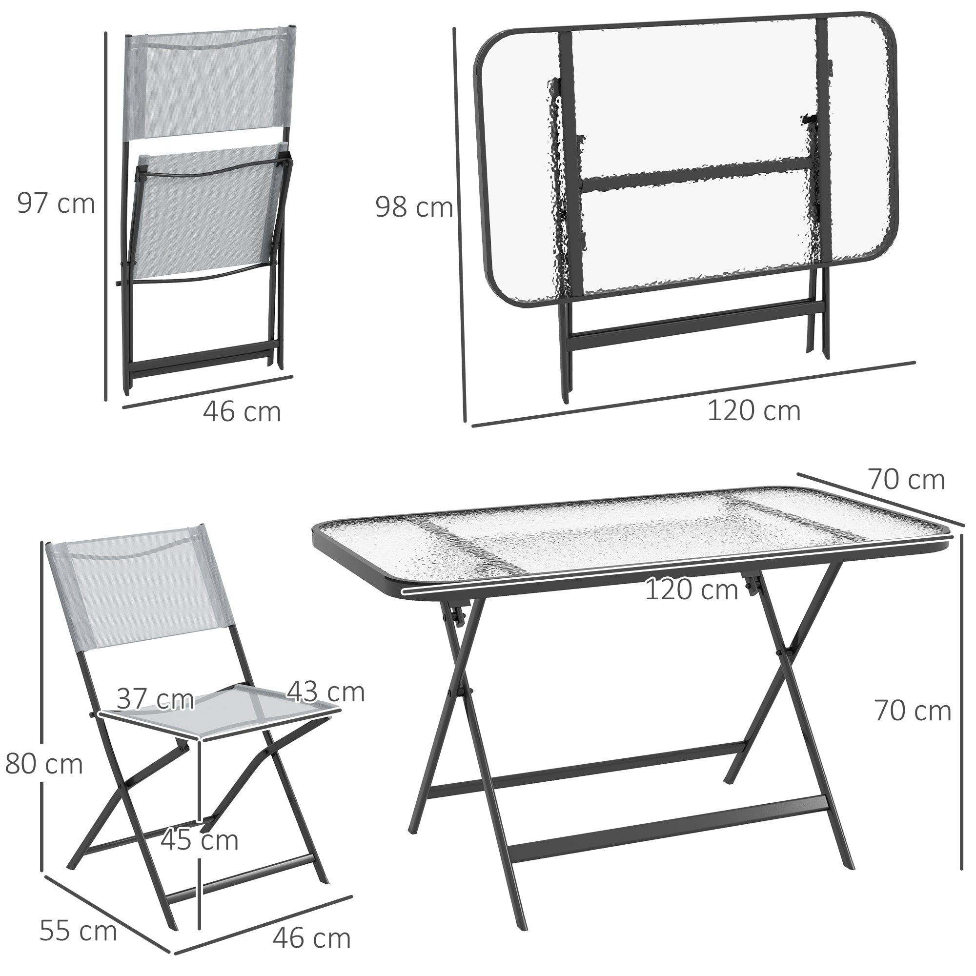 Outsunny Conjunto de Jardín Conjunto de Comedor de Exterior de 5 Piezas Incluye 1 Mesa de Vidrio Templado y 4 Sillas Plegables Estilo Moderno para Terraza Patio Gris