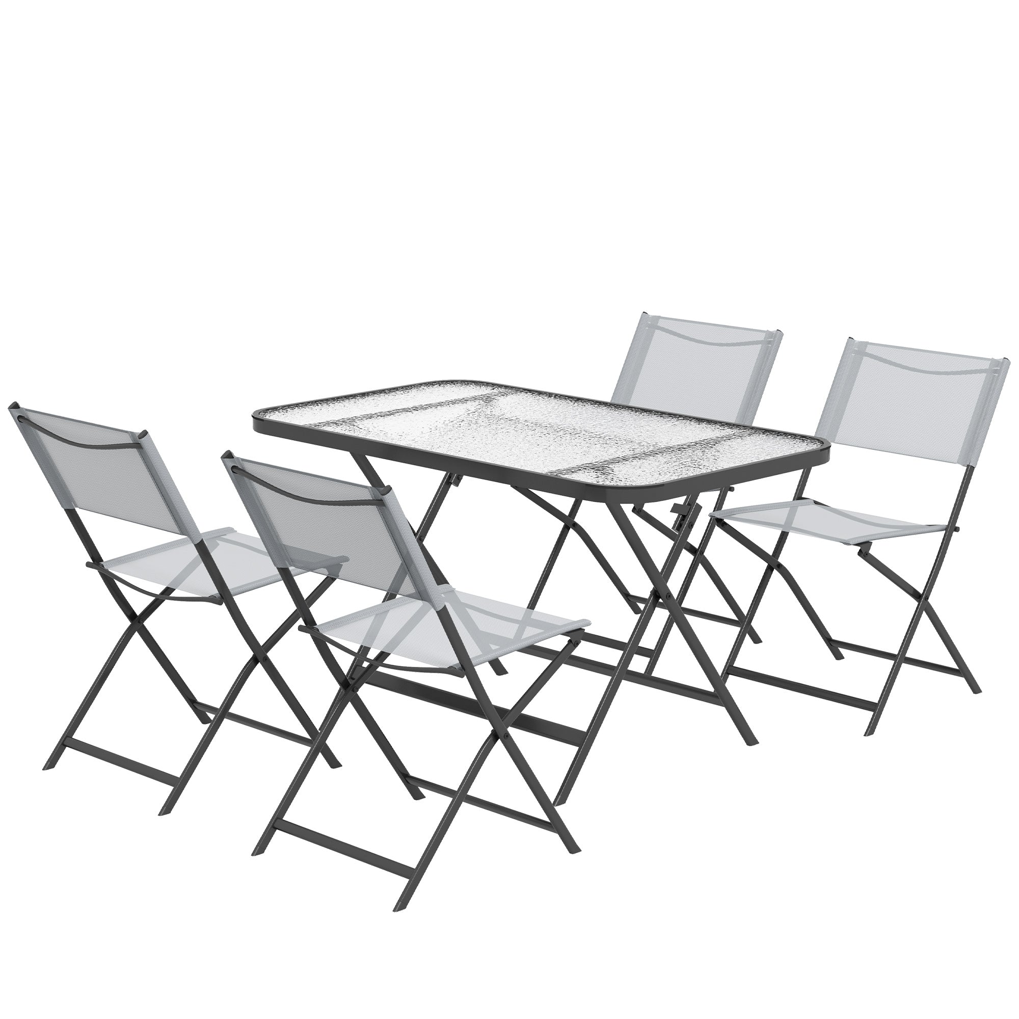 Outsunny Conjunto de Jardín Conjunto de Comedor de Exterior de 5 Piezas Incluye 1 Mesa de Vidrio Templado y 4 Sillas Plegables Estilo Moderno para Terraza Patio Gris