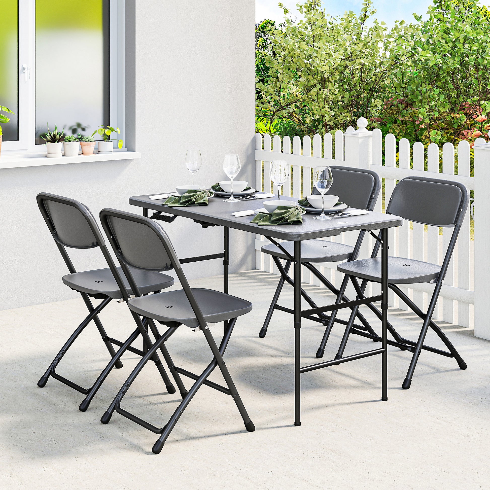 Outsunny Conjunto de Mesa y Sillas Jardín de 5 Piezas, Muebles de Jardín Exterior con Mesa Plegable Ajustable de 55 a 74 cm, 4 Sillas Plegables y Encimera de HDPE, para Terraza Patio, Gris Oscuro