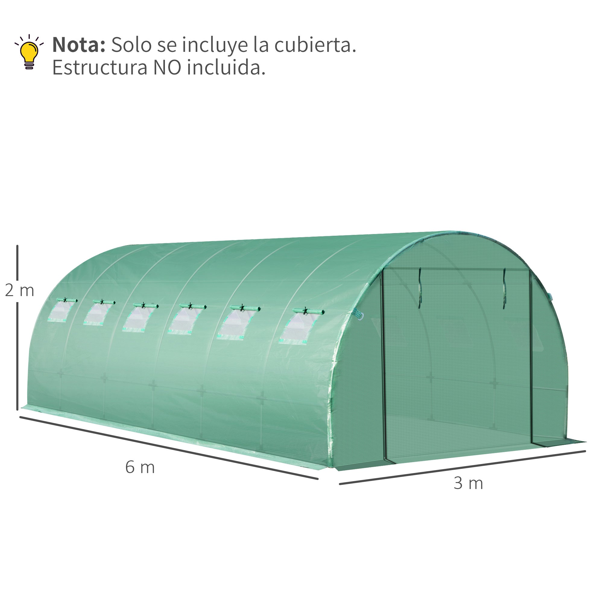 Outsunny Plásticos para Invernaderos 6x3x2 m Cubierta de Repuesto para Invernadero de Polietileno con 12 Ventanas y Puerta Enrollable Protección de Plantas para Jardín Verde