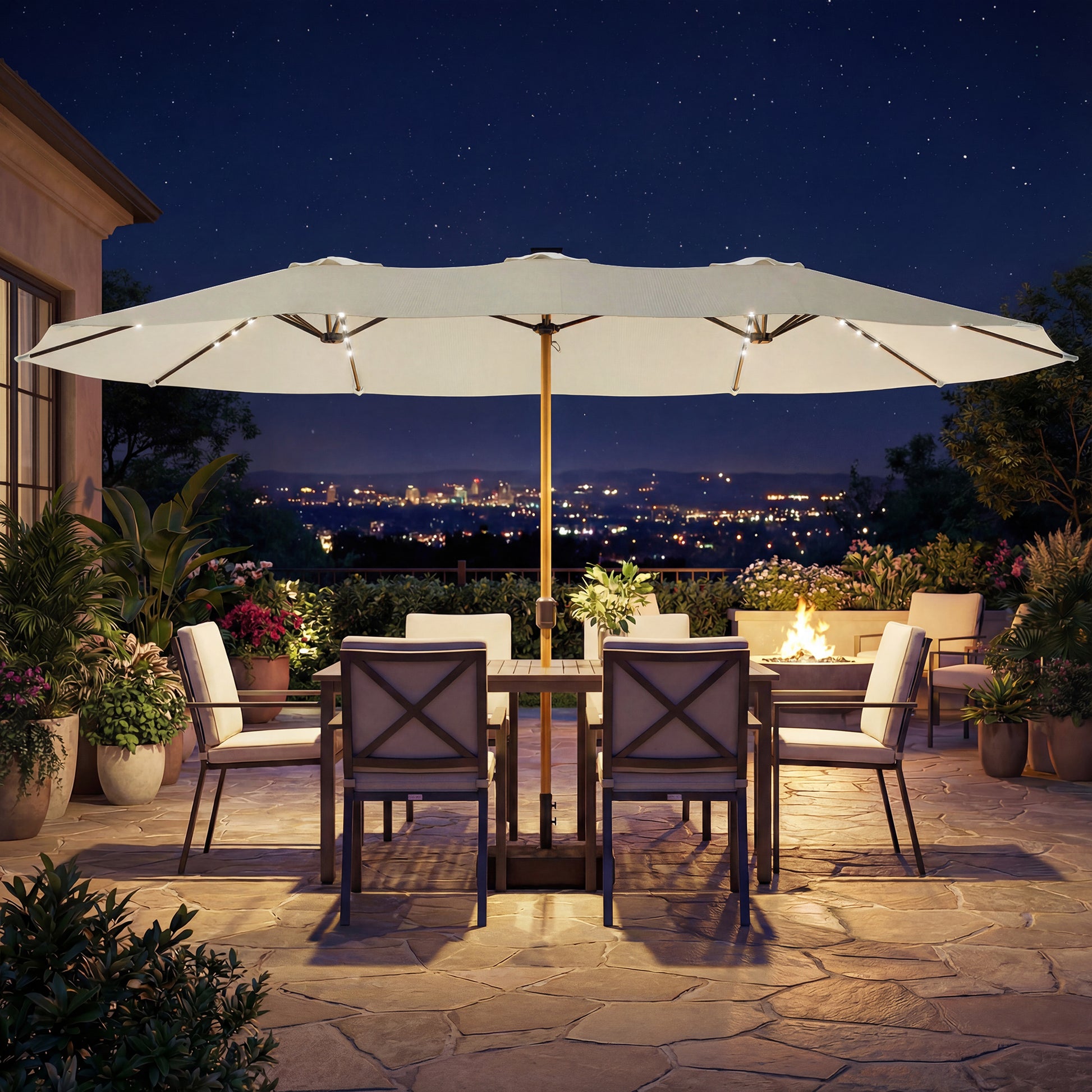 Outsunny Sombrilla Doble con 48 Luces LED, 4,6x2,6 m, Sombrilla Terraza Exterior con Base Incluida, Manivela, Sacos Arena, Funda, Anti-UV, Resistente al Agua, Parasol para Jardín, Terraza, Crema