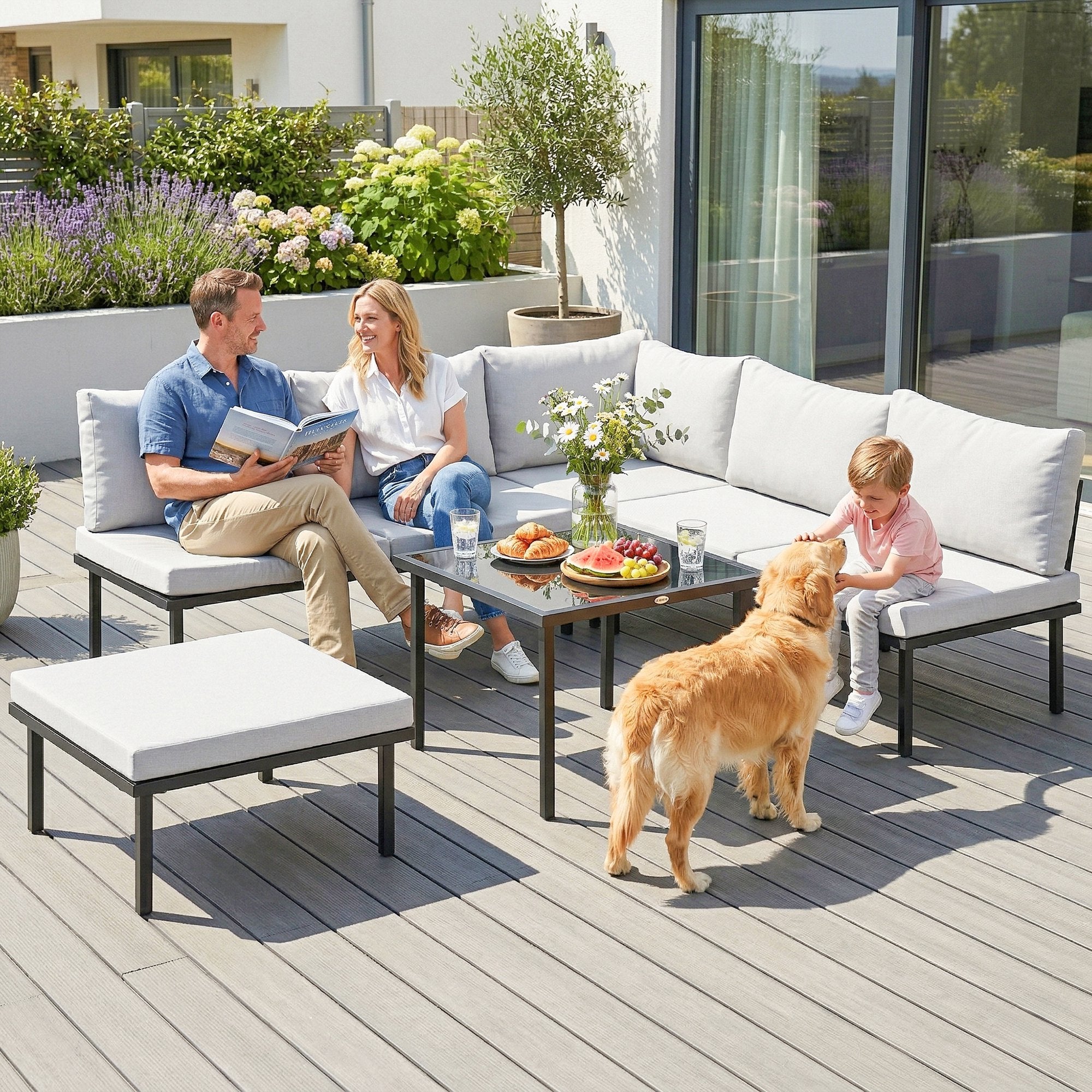 Outsunny Conjunto de Muebles Jardín Exterior de 6 Piezas Sofá Exterior Seccional Forma de L con Sofá de 2 Plazas Módulo de Esquina 2 Sillones Reposapiés Mesa con Tapa de Vidrio y Cojines Gris Claro