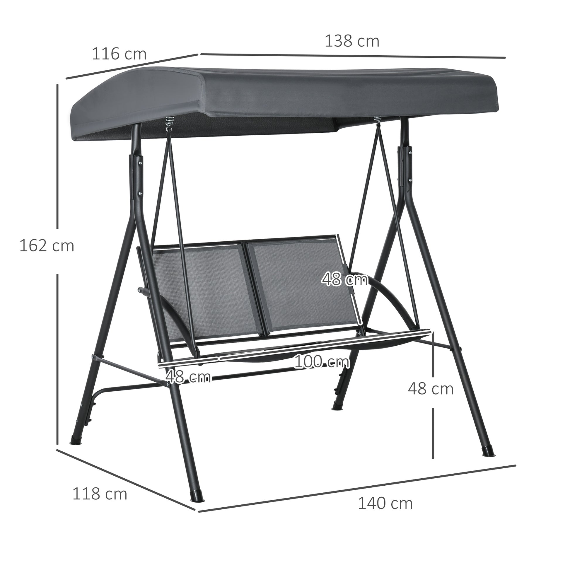 Outsunny Columpio de Jardín Exterior de 2 Plazas, Balancín de Jardín Exterior con Techo Ajustable, Marco de Acero, Asientos de Textilene, para Balcón Terraza, Carga 220 kg, 140x118x162 cm, Gris Oscuro