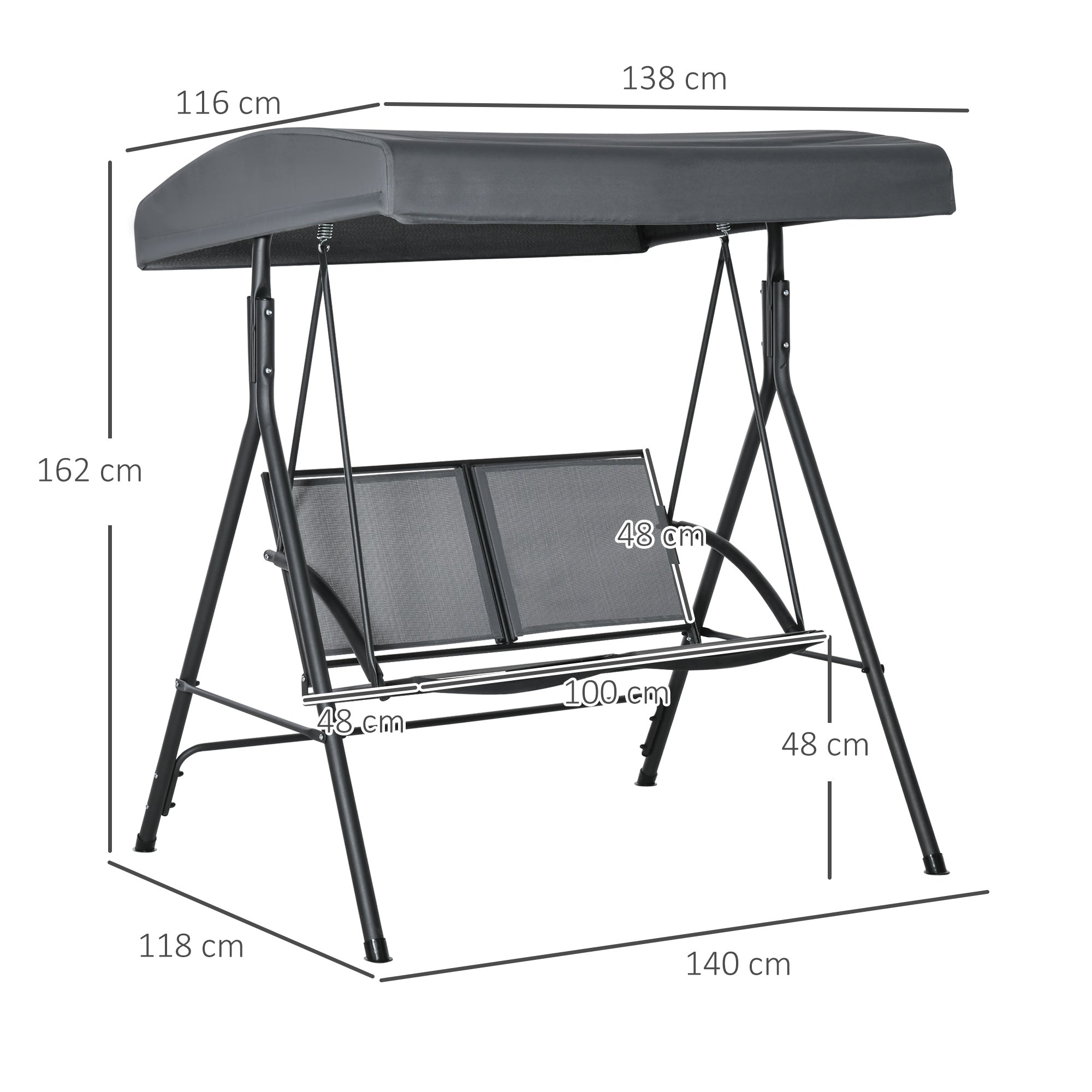 Outsunny Columpio de Jardín Exterior de 2 Plazas, Balancín de Jardín Exterior con Techo Ajustable, Marco de Acero, Asientos de Textilene, para Balcón Terraza, Carga 220 kg, 140x118x162 cm, Gris Oscuro