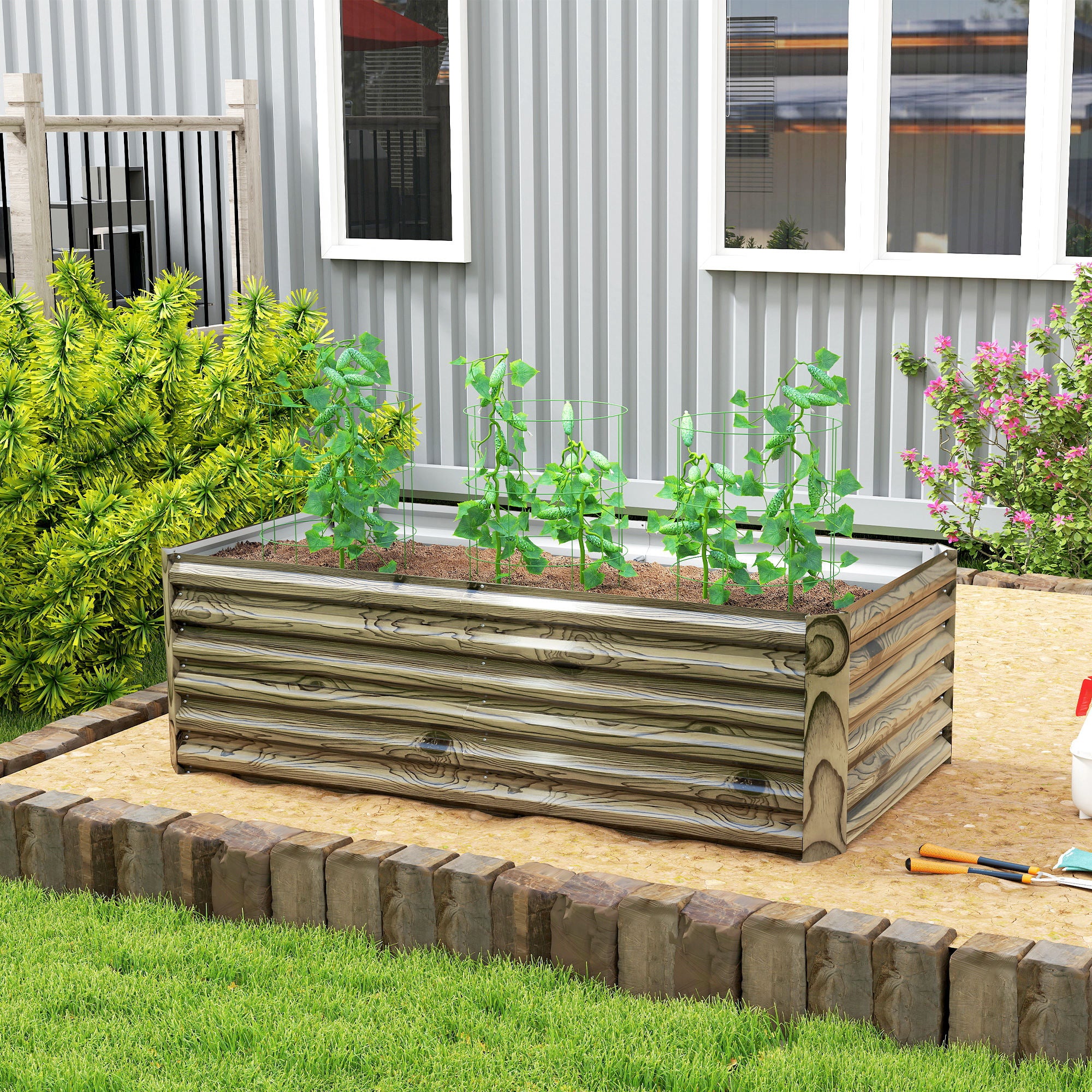 Outsunny Jardinera Exterior Grande Rectangular de Acero Galvanizado, Huerto Urbano para Cultivar Plantas, Macetero Grande Exterior con Base Abierta, Resistente a la Intemperie, 180x90x57,5 cm, Natural