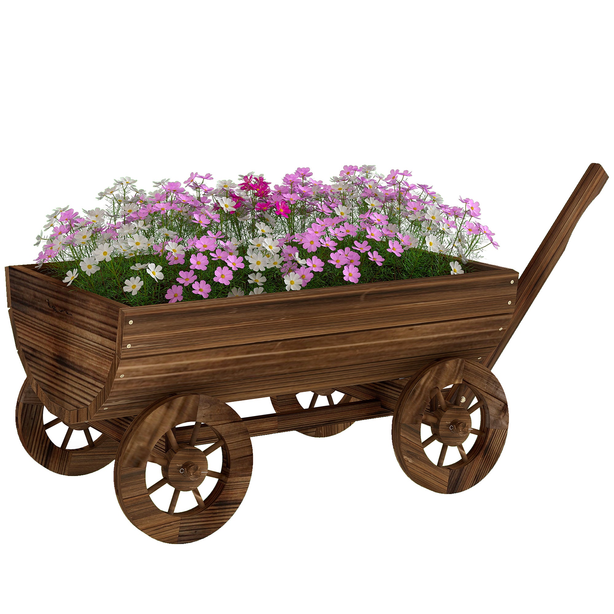 Outsunny Carrito de Madera Decorativa con 4 Ruedas y Mango, Jardinera Exterior Móvil con Orificio de Drenaje, Macetero Exterior para Cultivos, Plantas, Jardín, Terraza, 115x40x54,5 cm, Carbonizado