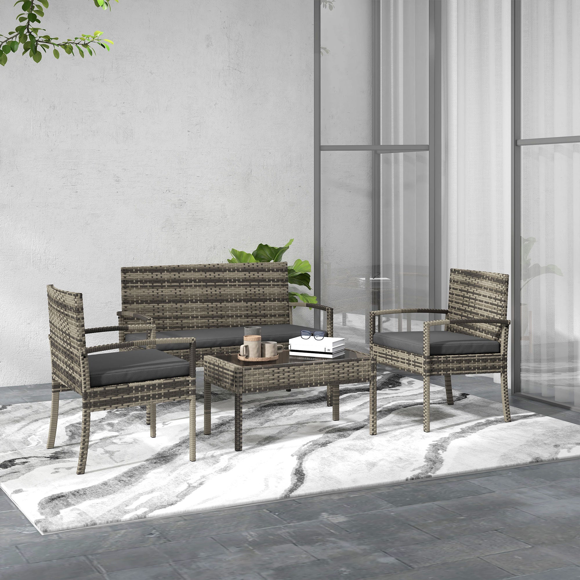 Outsunny Conjunto de Jardín de Ratán Sintético Juego de 4 Piezas Muebles de Jardín con 2 Sillones 1 Sofá de 2 Plazas y 1 Mesa de Centro de Tablero de Vidrio Anti-UV para Patio Gris