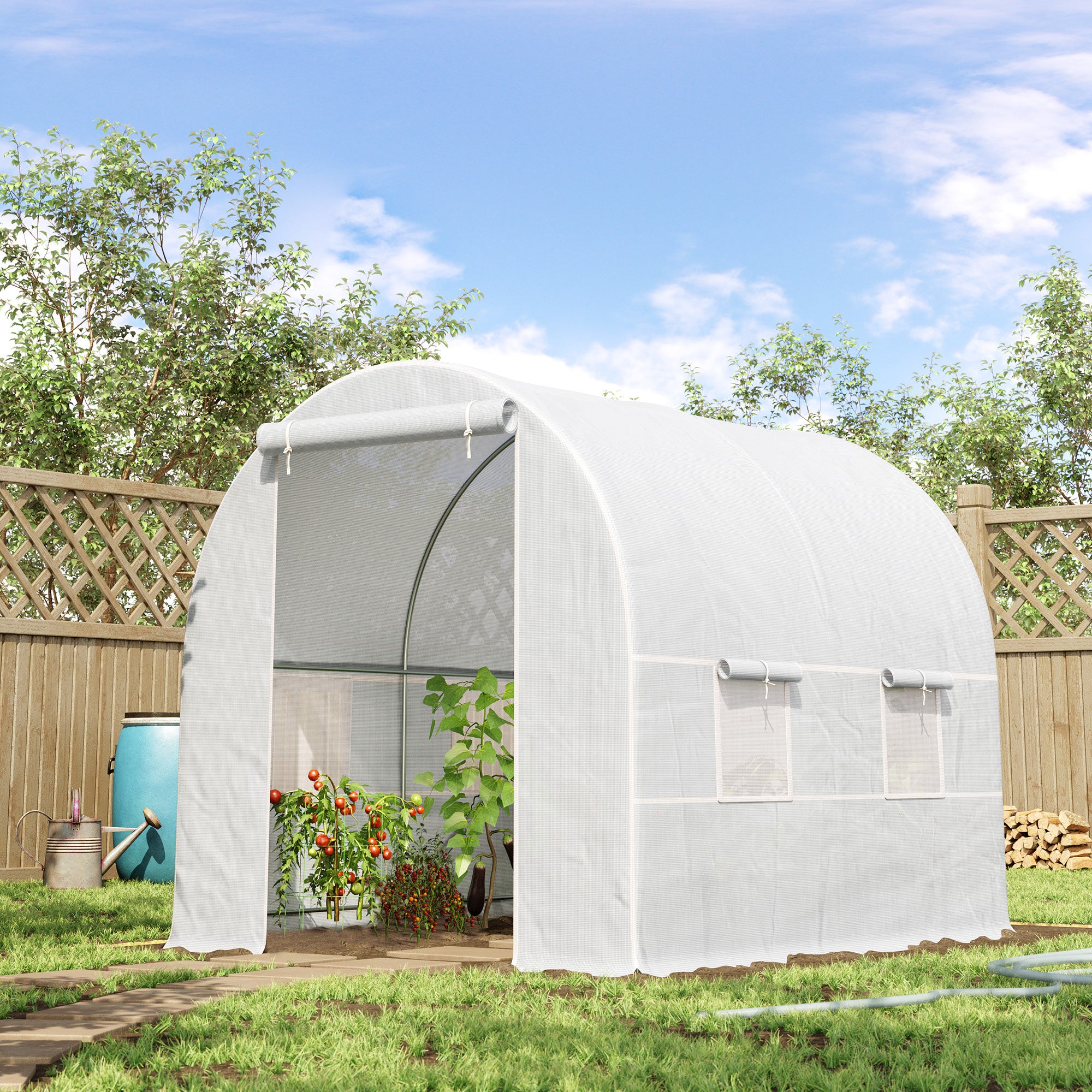 Outsunny Invernadero de Exterior 2,5x2x2 m Invernadero de Túnel con 4 Ventanas de Malla y Puerta Enrollable con Cremallera Invernadero de Huerto Anti-UV para Patio Jardín Blanco