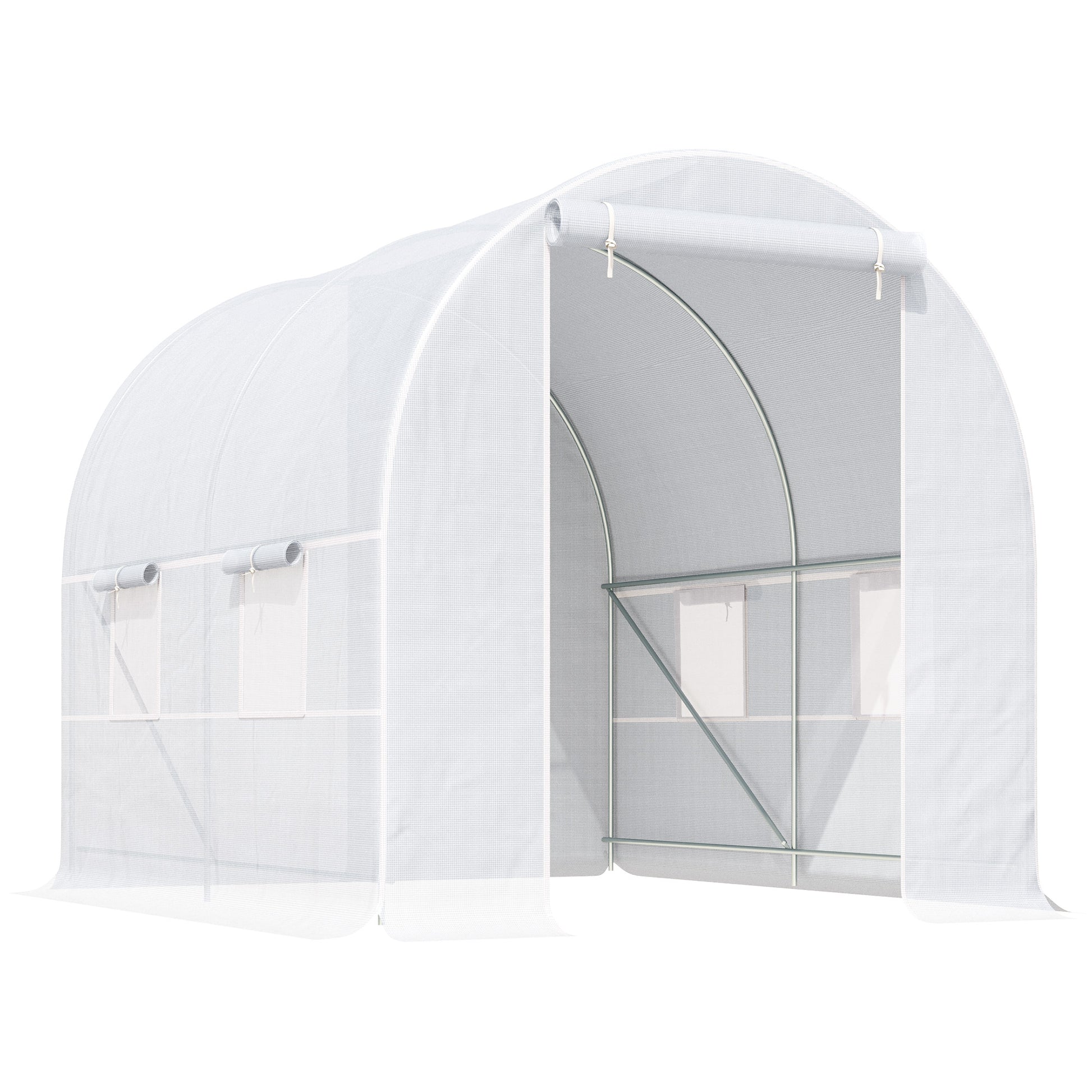 Outsunny Invernadero de Exterior 2,5x2x2 m Invernadero de Túnel con 4 Ventanas de Malla y Puerta Enrollable con Cremallera Invernadero de Huerto Anti-UV para Patio Jardín Blanco